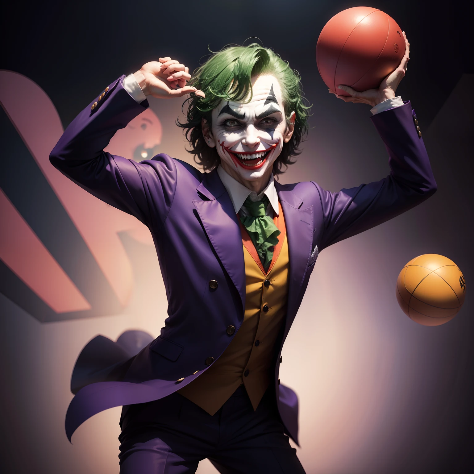 Joker on stage, funny, absolutely smile, jugglingl ittle balls, he stands on the big ball, wide shot camera,