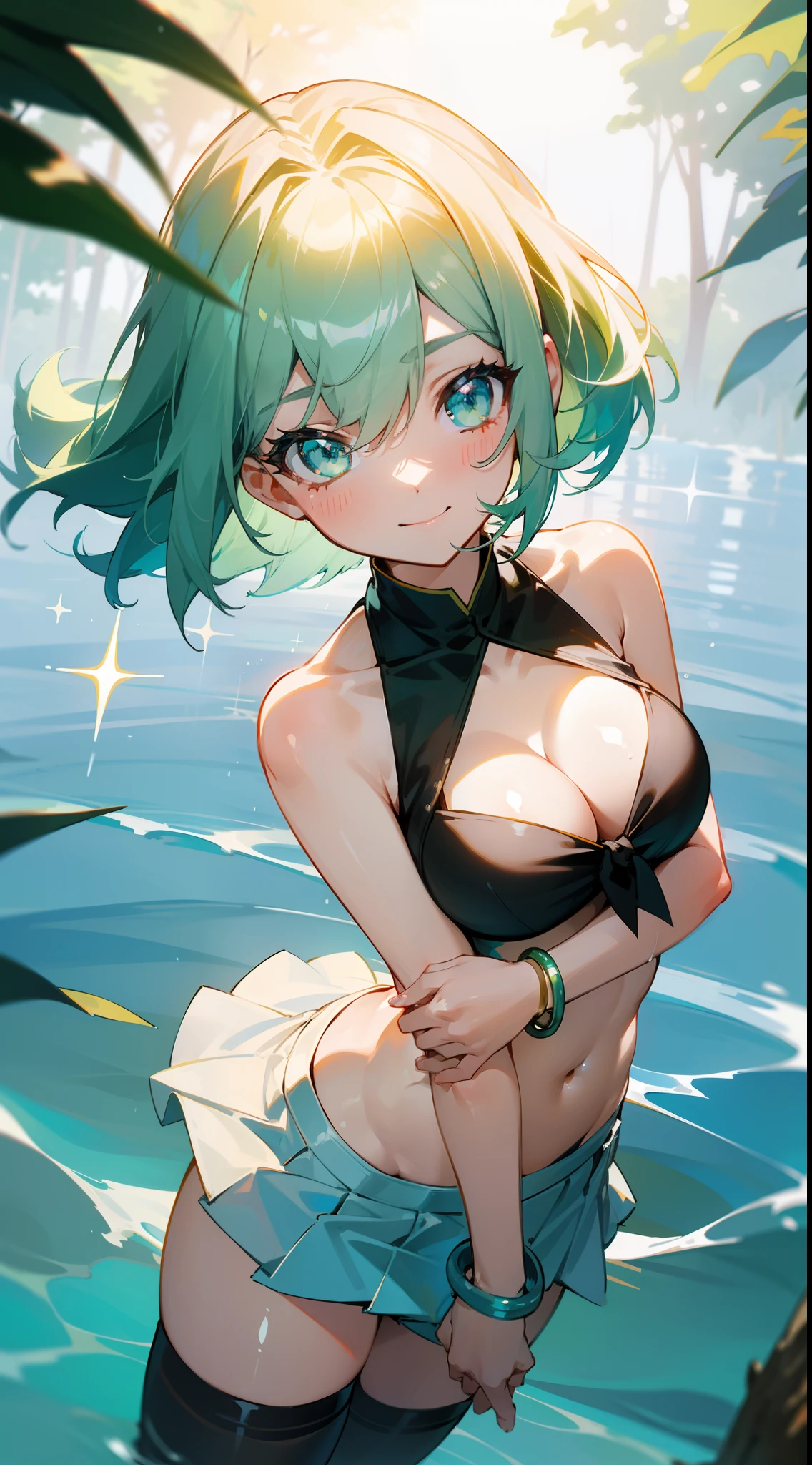 lightning,strike,lightning strike, 1GIRL, CUTE, water, smile, asian, upper_body, focus on eyes, head_tilt, fish, ORION, from_above, side-tie_bikini_bottom, black_thighhighs, water splash, on beautiful detailed water, The sun shines through the trees, bob cut, wept bangs, hair between eyes, light smile, bright eyes, bare_shoulders, nail_polish, large_breasts, navel, thighs, hair_bow, bracelet, sleeveless, pleated_skirt, cleavage_cutout, bare_legs, beautiful and delicate water, sparkle,green hair, green eyes,