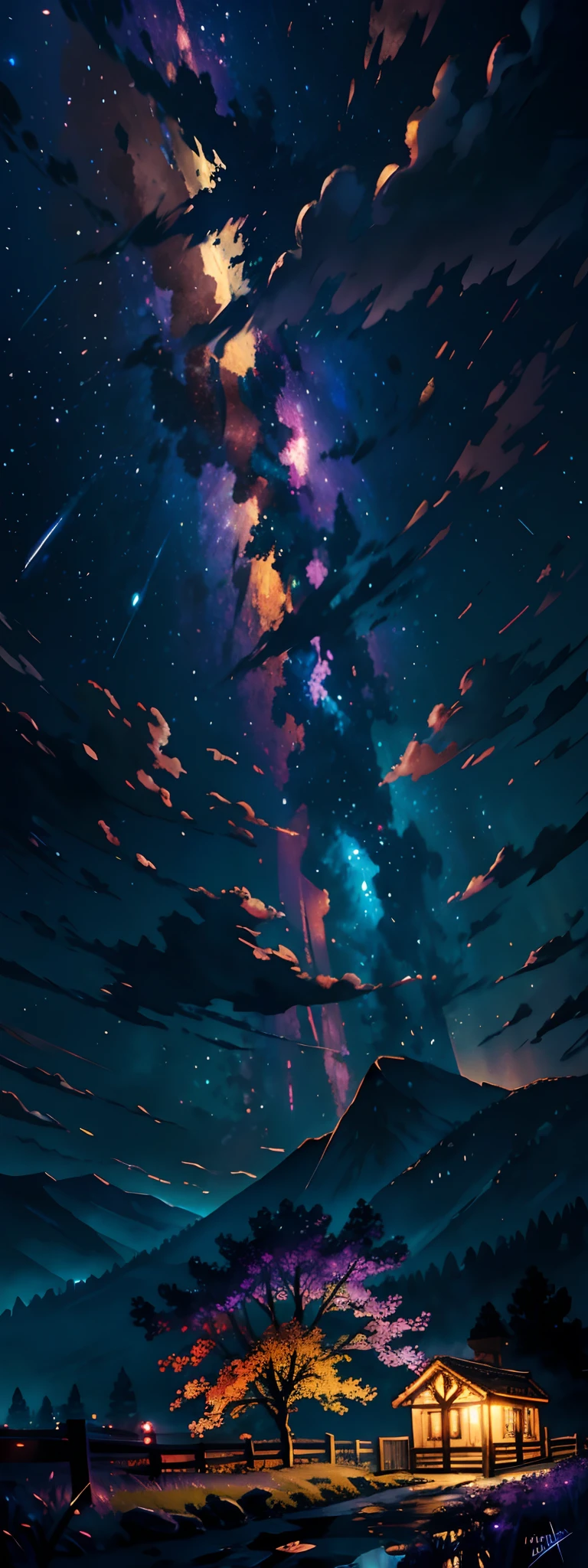 expansive landscape photograph , (a view from below that shows sky above and open field below), a cat looking up, (full moon:1.2), ( shooting stars:0.9), (nebula:1.3), distant mountain, tree BREAK production art, (warm light source:1.2), (Firefly:1.2), lamp, lot of purple and orange, intricate details, volumetric lighting BREAK (masterpiece:1.2), (best quality), 4k, ultra-detailed, (dynamic composition:1.4), highly detailed, colorful details,( iridescent colors:1.2), (glowing lighting, atmospheric lighting), dreamy, magical, (solo:1.2