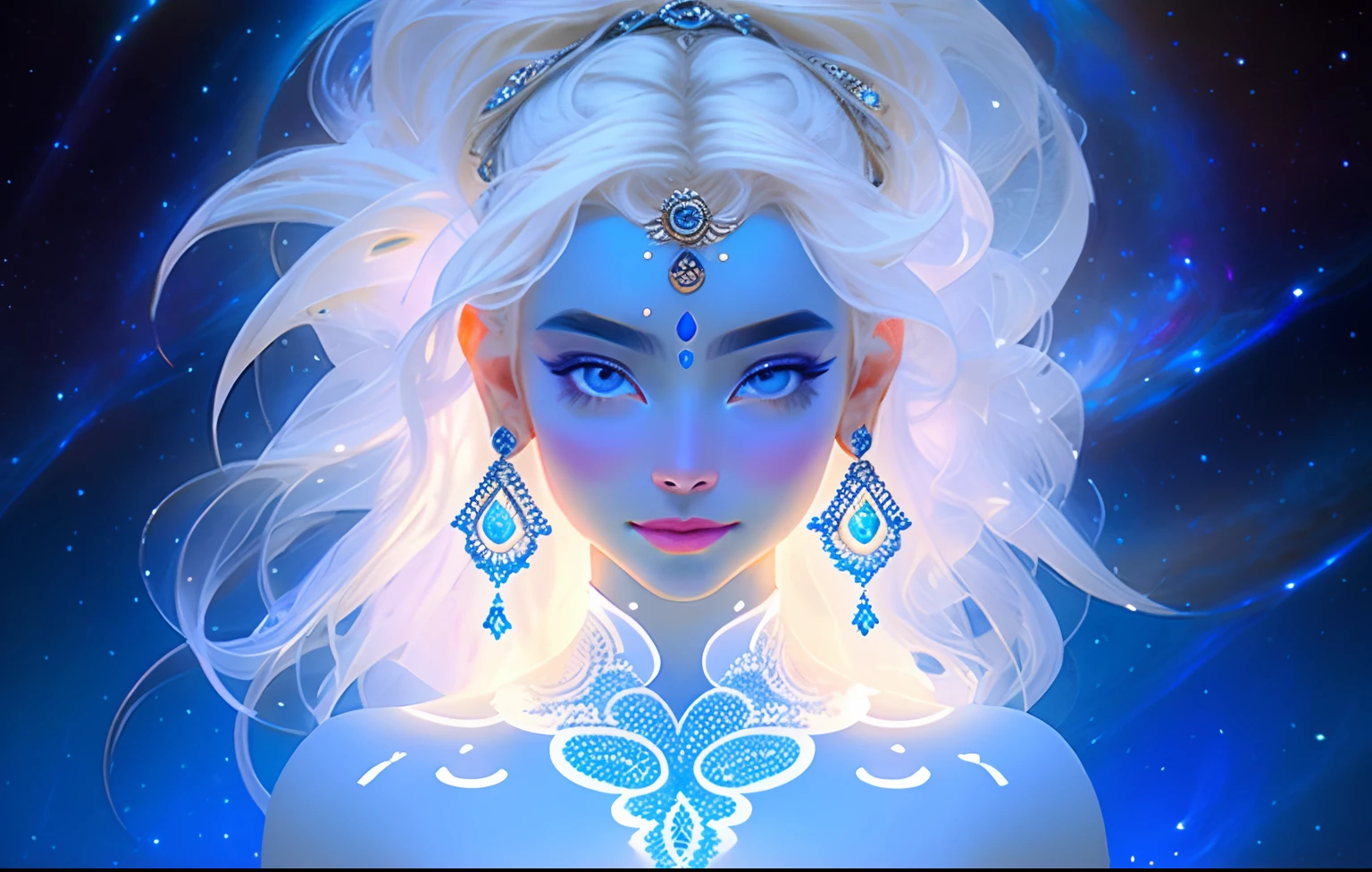 Beautiful goddess with blue skin tone, full body, looking at the viewer, symmetrical, slight smile, spiritual awakening, intricate details, cosmic, ethereal, mystical, complicated environment, brushstrokes, illuminating lights, masterpiece, ultra high resolution, high quality.