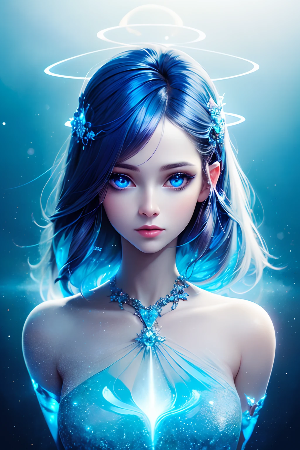 ((best quality)), ((masterpiece)), ((realistic)), portrait,
1girl, celestial, deity, goddess, cobalt blue light particles, halo, looking at viewer,
(bioluminescent:0.95) ocean, bioluminescent, vibrant, blue cobalt, color, (glowing, glow),
(beautiful composition), cinematic lighting, intricate, (symmetrical:0.5), whimsical, cobalt skin