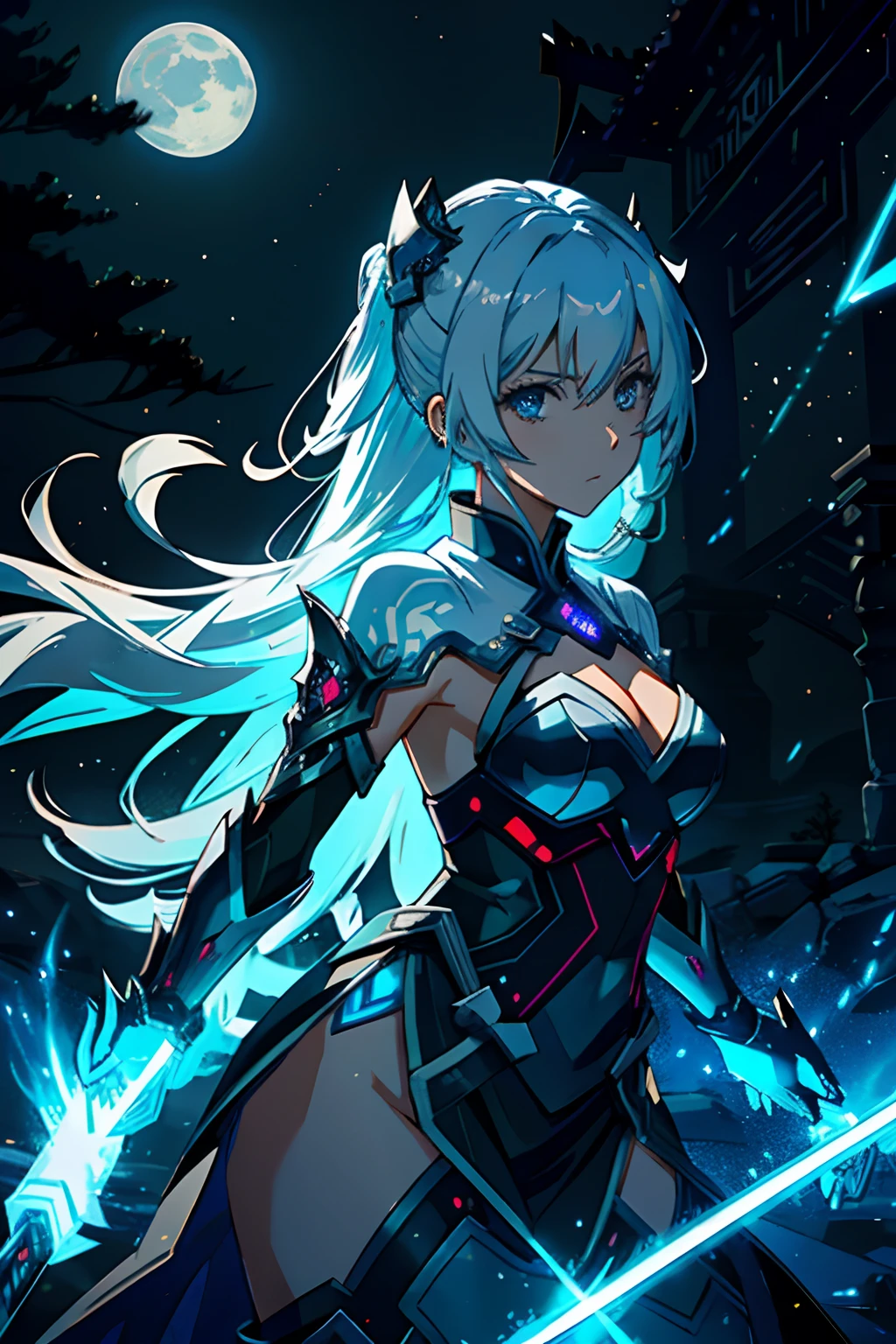 (ultra high res, best quality image, highly detailed, 4k)Of course! Here's a prompt for a cool anime character and scene:
"Create an anime character named Hikari, a skilled swordswoman with a mysterious past. She has long silver hair that glows softly in the moonlight, and her eyes change color based on her emotions. Hikari wears a combination of futuristic armor and traditional samurai clothing, adorned with intricate glowing patterns. Her weapon is a sentient blade named Tsukuyomi, which can control shadows and moonlight.
Place Hikari on a moonlit battlefield surrounded by ancient ruins. The ruins are adorned with luminescent symbols that emit a soft, ethereal light. The moon hangs low in the sky, casting an otherworldly glow over the scene. As Hikari engages in combat, the shadows and moonlight intertwine, creating stunning visual effects that illuminate her every move. The clash of her blade against her enemies' weapons sends sparks of light dancing through the air."