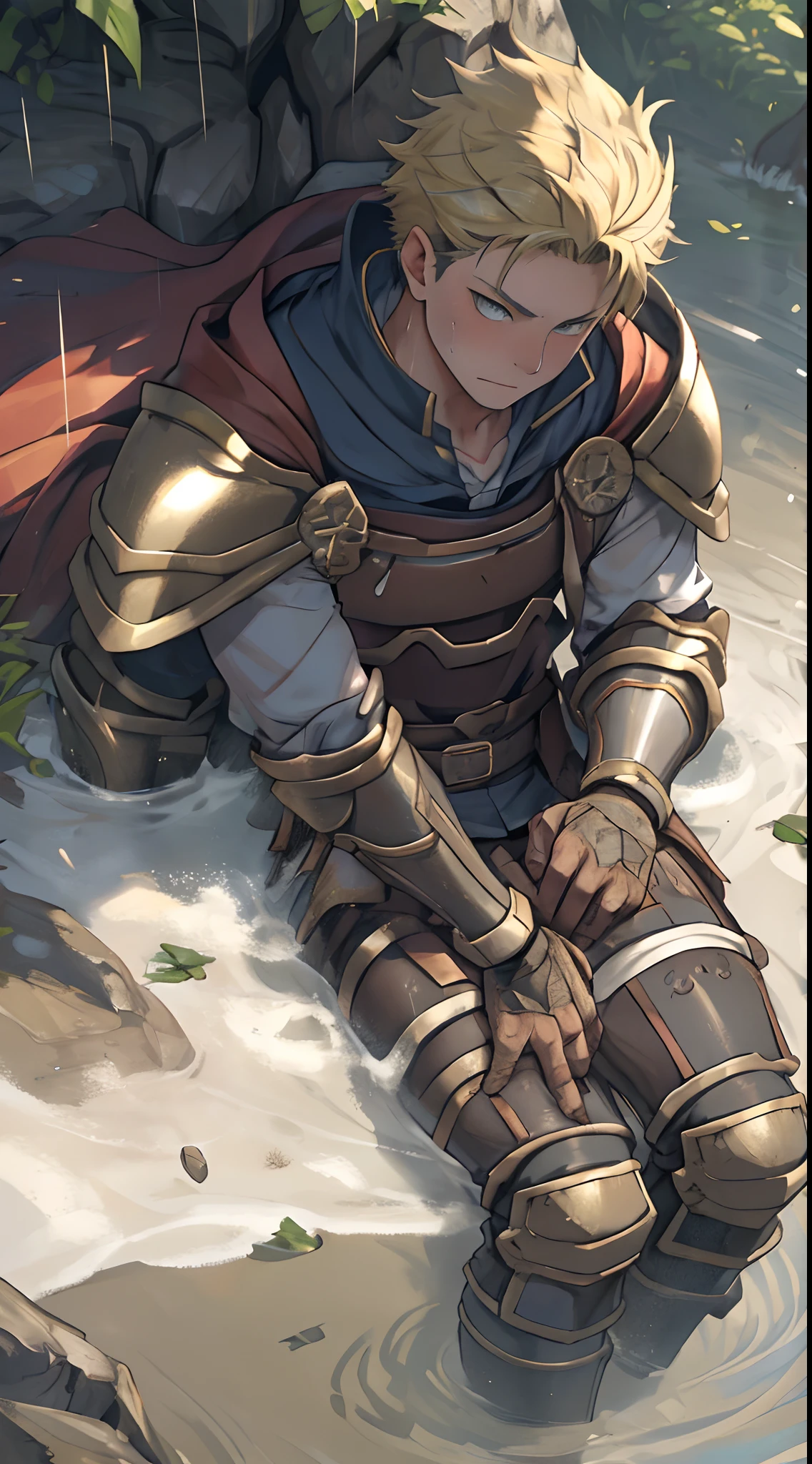(1 Adult male),Hector Fey,A high resolution, Sharp focus, Pixiv masterpiece, ((Complicated details)), highly detailed, natsuki_subaru, 1 man,Lying in the mud, Lazy,full bodyesbian, blue color eyes(eyes glowing), Short yellow hair,Cloak,Armour,Shoulder armor,perspire,rain,Drenched,Sweaty crotch,look from down