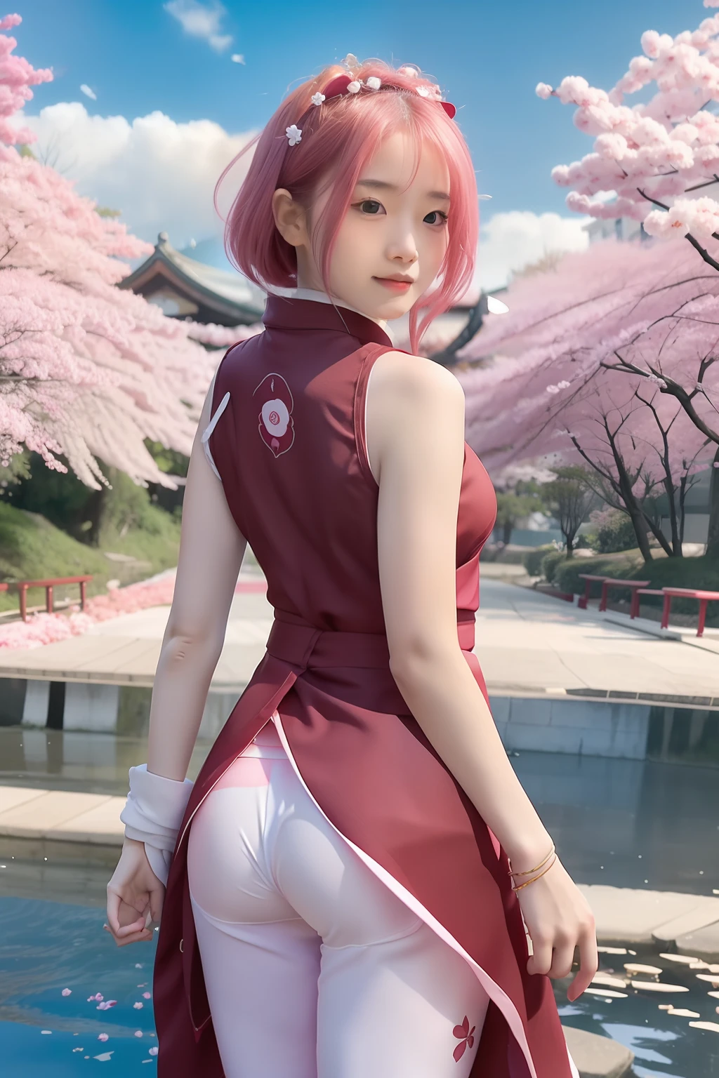 Sakura uchiha. A woman standing at the cherry blossom garden. He looked back. With a uchiha clan crest that resembles a paper fan behind his back. He wore a maroon kimono. And wear tight white pants. Her hair was short pink. She had bracelets on her hands. Her skin was white and her cheeks were rosy red. She looks so beautiful and realistic