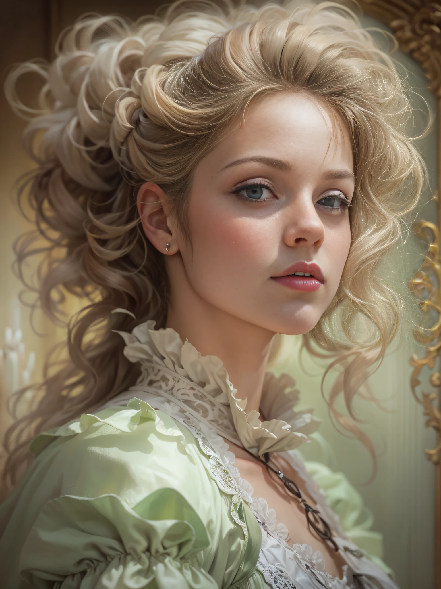 There was a woman,The hair is huge,In a white blouse shirt, rococo style portrait, inspired by Louis Le Nain, Baroque portrait, stunning portrait, ornate portrait, in a high renaissance style, Beautiful portrait, victorian style costume, Portrait of a Victorian woman, young victorian sad fancy lady, inspired by Mathieu Le Nain, A beautiful portrait of a woman, very beautiful portrait