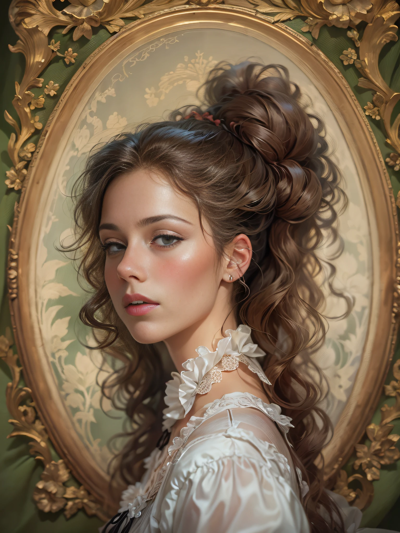 There was a woman,The hair is huge,In a white blouse shirt, rococo style portrait, inspired by Louis Le Nain, Baroque portrait, stunning portrait, ornate portrait, in a high renaissance style, Beautiful portrait, victorian style costume, Portrait of a Victorian woman, young victorian sad fancy lady, inspired by Mathieu Le Nain, A beautiful portrait of a woman, very beautiful portrait