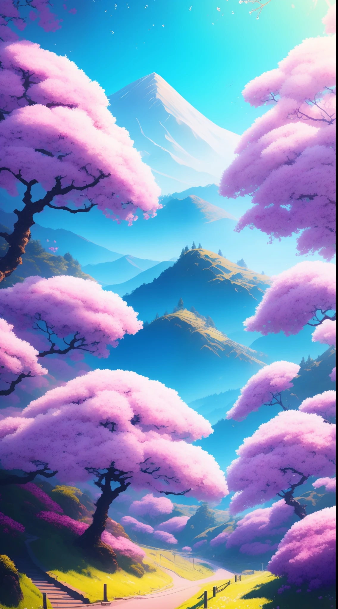 (Ultra Realistic), (Illustration), (Increased Resolution), (8K), (Extremely Detailed), (Best Illustration), (Wallpaper), the hills are covered with roses, sakura tree