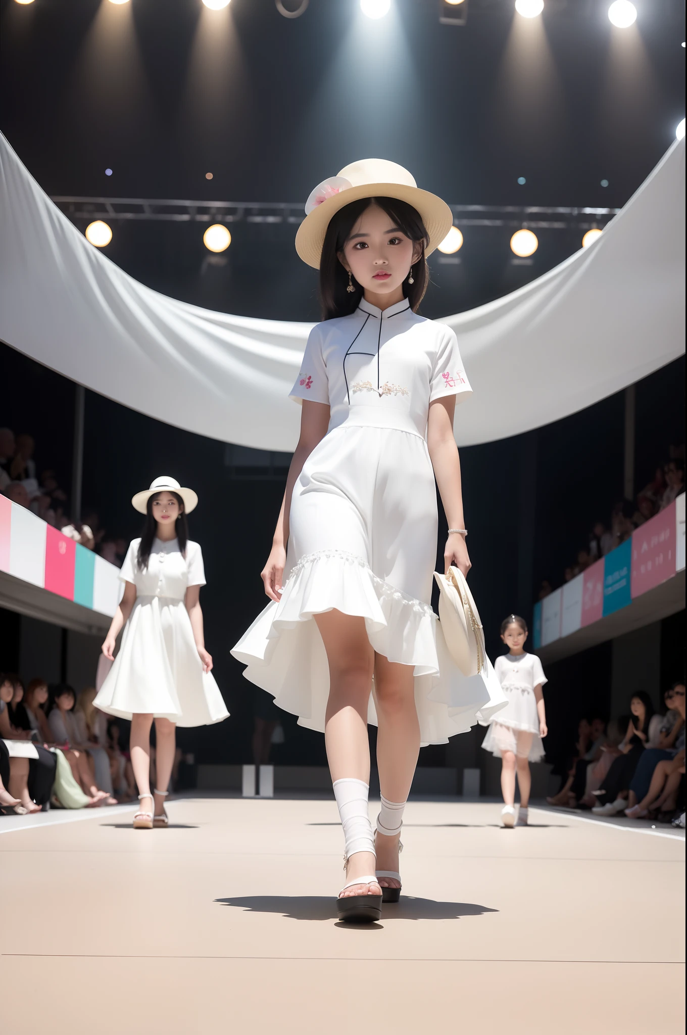 Wearing a white dress and hat, Alafis walked on the catwalk, Fashion model, Fashion show, fashion runway, of a youthful japanese girl, Girl, Japanese model, fashion show runway, fashion show photo, happy fashion model, author：Kiyohara Tama, shot with canon eoa 6 d mark ii, author：Nakai Tsubasa, dressed with fluent clothes