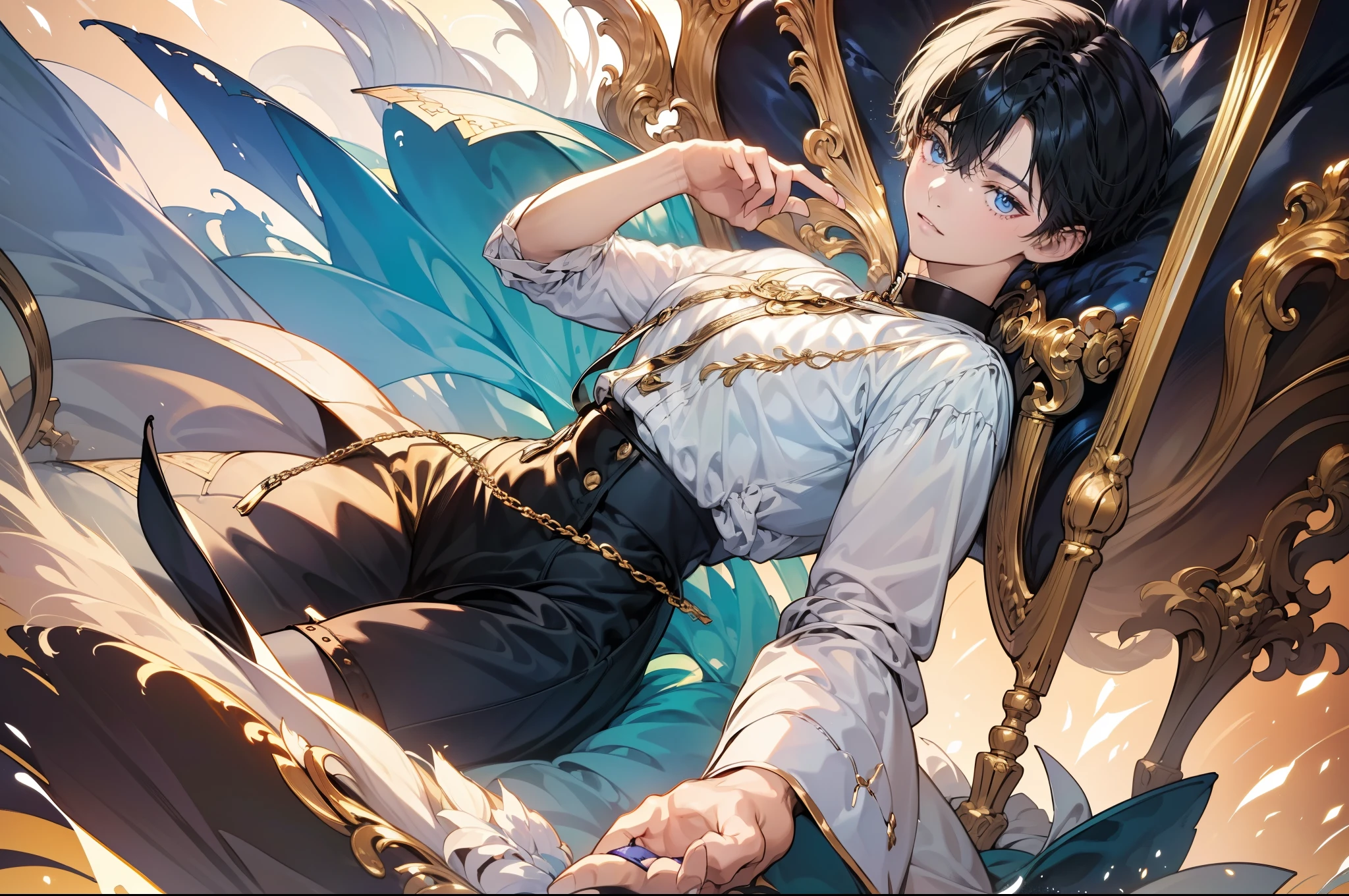 (in 8K、top-quality、​masterpiece:1.2)、1 boy、short-haired、Hair short、Brown-skinned、Gold View、