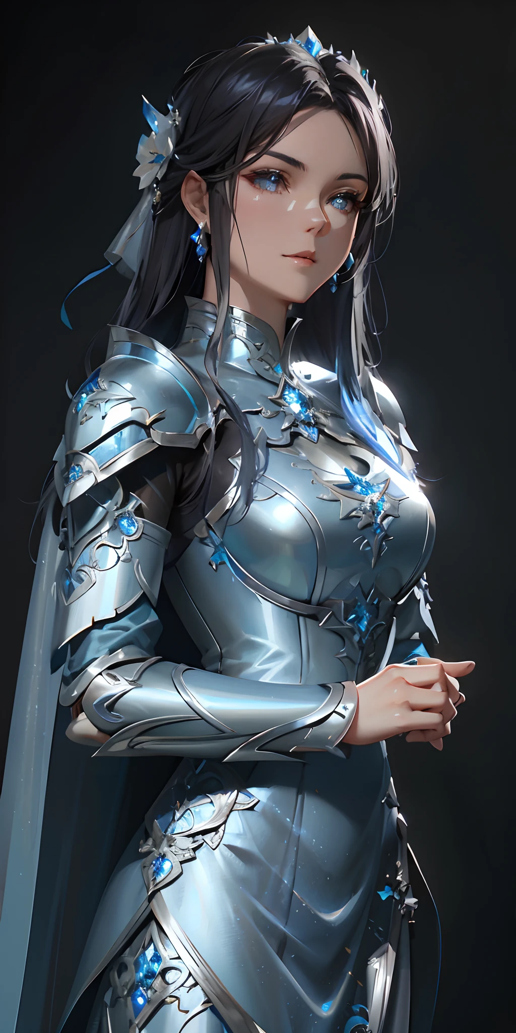 Arad woman in silver dress and blue cape, Light blue transparent armor, Elegant transparent armor, Elegant and smooth silver transparent armor, hyper-detailed fantasy character, Beautiful transparent armor, Intricate armor details, Stunning transparent armor, Blue and ice silver transparent armor, With smooth silver transparent armor, Silver transparent armor, chengwei pan on artstation, photogenic details on armor, highly detailed character, Shiny transparent armor