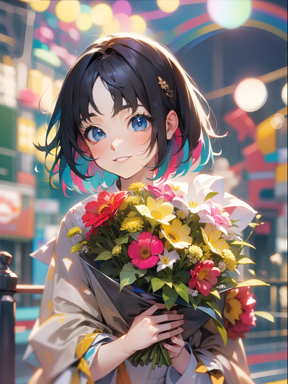 in 8K、portlate、teens girl、Shorthair、A dark-haired、Colorful inner colors、a smile、Bouquet in hand、The upper part of the body