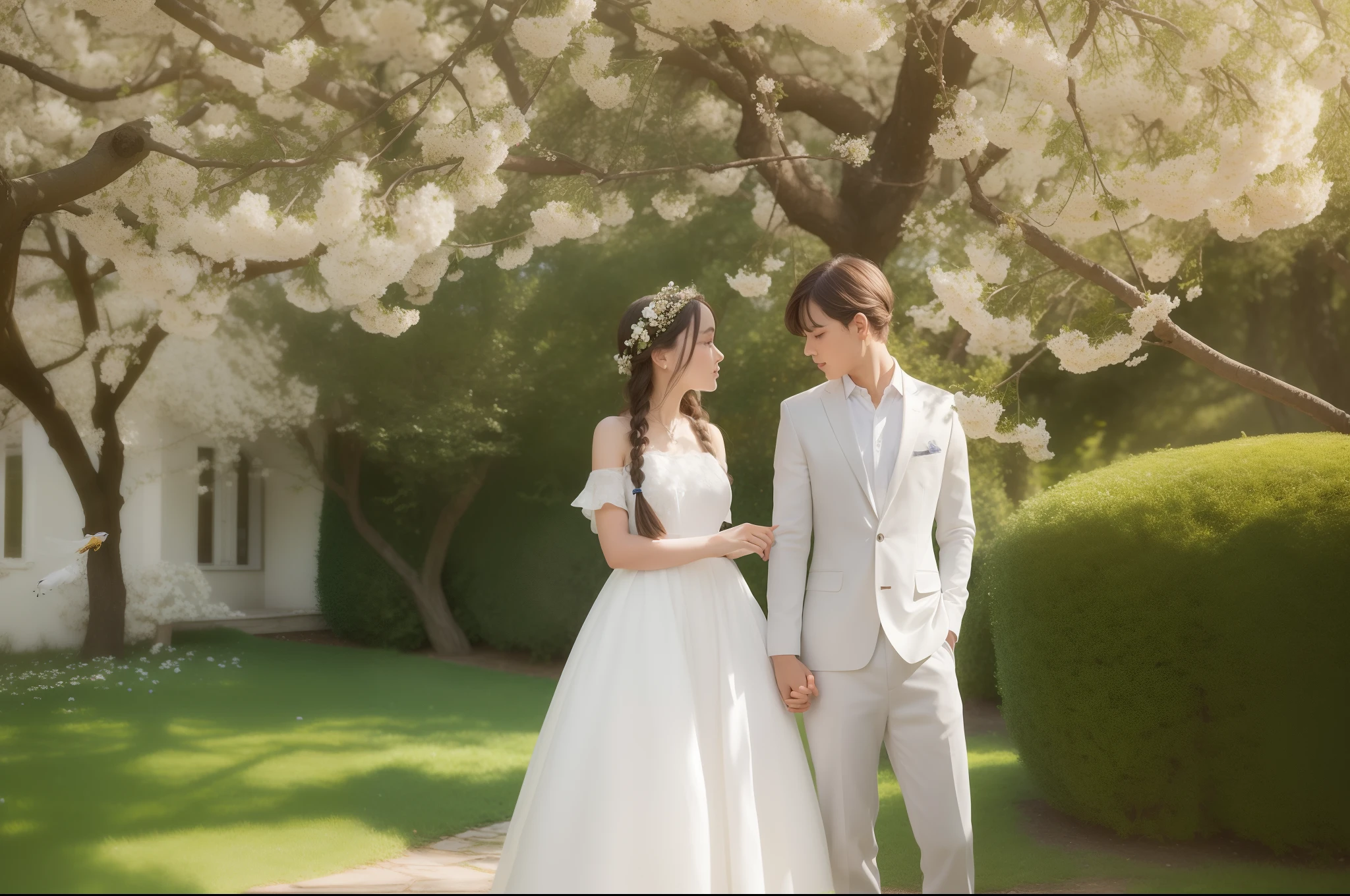 Morning of a sunny day of Spring in a flowery garden, with birds and insects.
Under a whitethorn bush a couple of boy and girl leaning to each other, both dressing white conservative clothes. The girl has long dark braids and wears a floral tiara, the boy's hair is messy and shoulders long. Illuminated by natural light