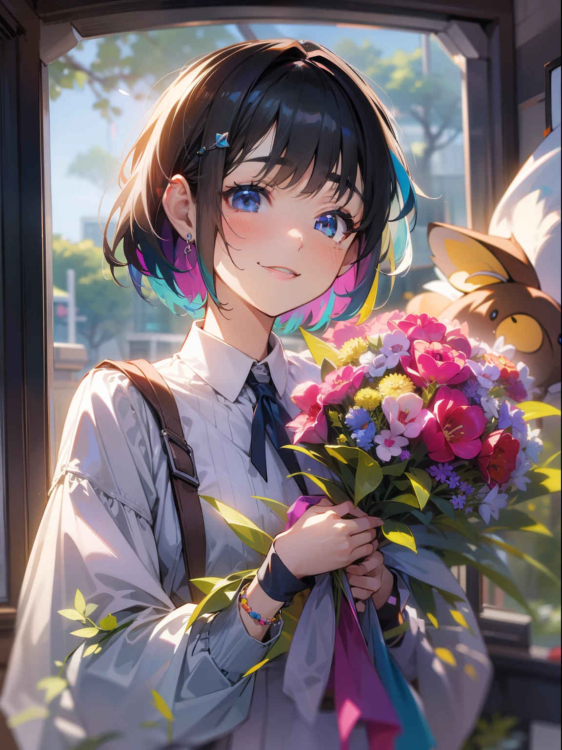 in 8K、portlate、teens girl、Shorthair、A dark-haired、Colorful inner colors、a smile、Bouquet in hand、The upper part of the body