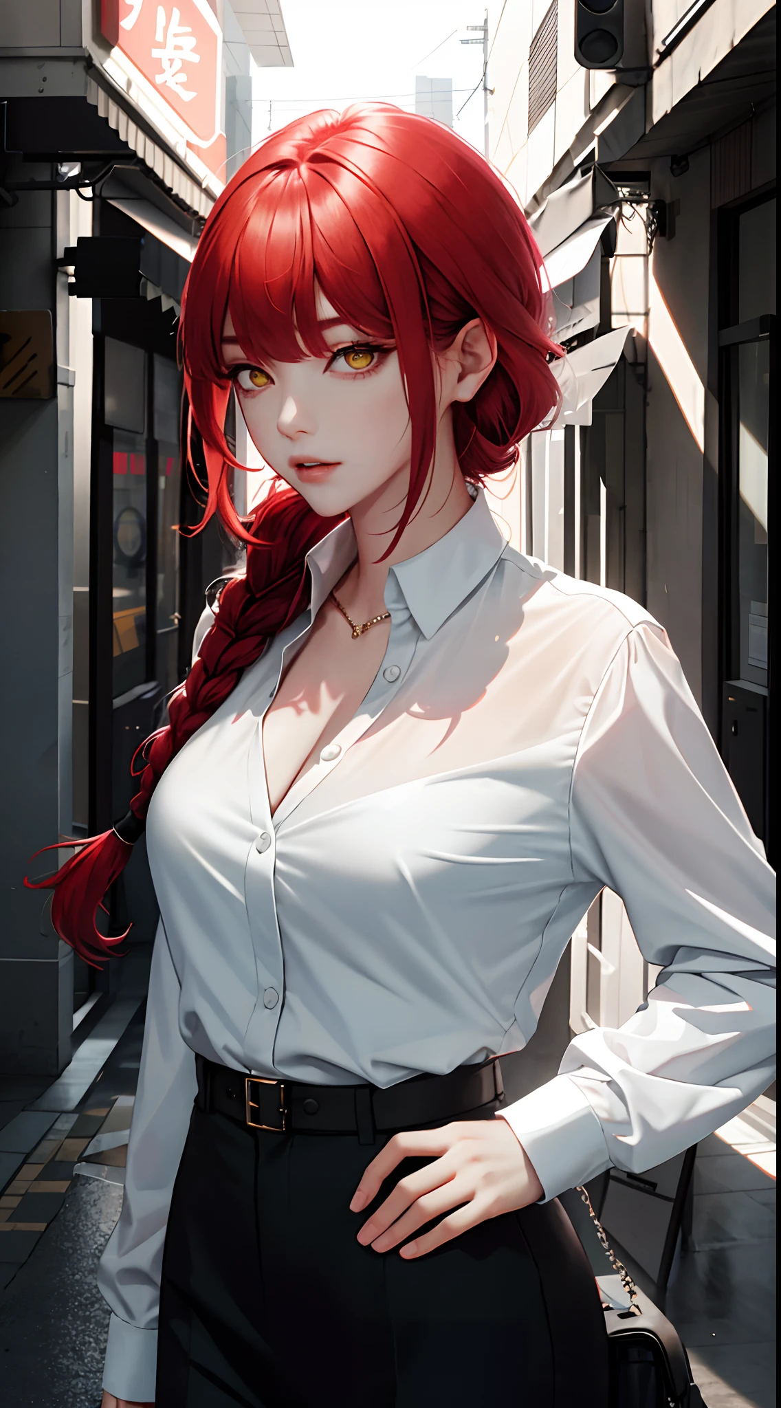 tmasterpiece,(真实感:1.1),best qualtiy,(cleavage:1.3),beautiful light up,(Ulzzang-6500:0.5),makima \(chainsawman\),(red hair)+(long braid)+(By bangs),Yellow eyes,Golden eyes, ((eye socket)), (white shirt), (tiese), RAW photos, 8K UHD, filmgrain,Light,upperbody closeup,sportrait,both hands on hip,鎖骨