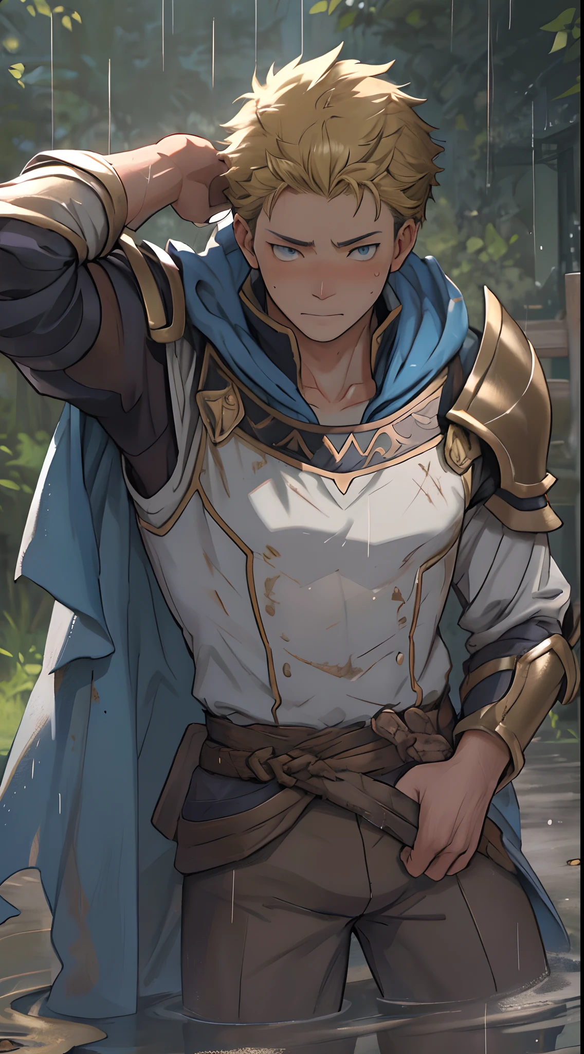 （1 Adult male），Hector Fey，A high resolution， Sharp focus， Pixiv masterpiece， （（Complicated details））， highly  detailed， natsuki_subaru， 1 man，Lying in the mud， Lazy，full bodyesbian， blue color eyes（eyes glowing）， Short yellow hair，Cloak，Armour，Shoulder armor，perspire，rain，Drenched，Sweaty crotch，look from down