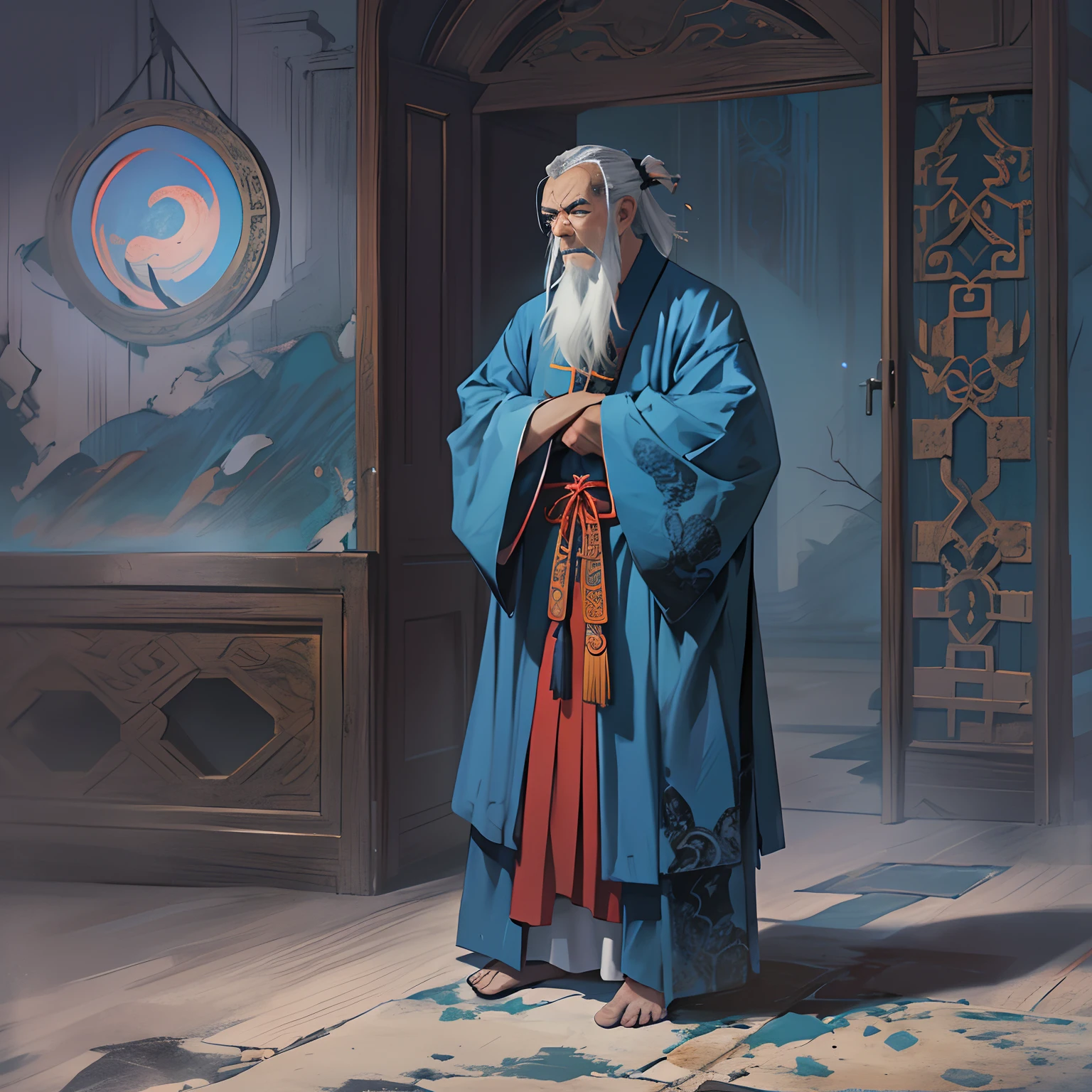A confused and worried old Taoist priest wearing a blue robe stood in an empty room, surrounded by a mysterious atmosphere. His eyes revealed confusion and concern.