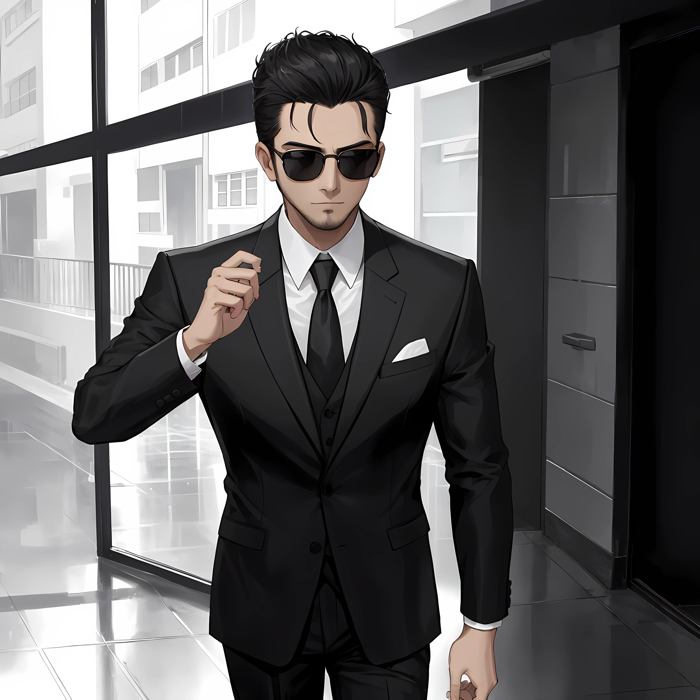 Man in suit and sunglasses standing in a corner, Estilo Mohamed Chahin, serious business, vestindo um terno preto, vestindo terno preto, in suit with black glasses, com uma pose cool, Tiro com iPhone 1 0, Directed by: Robbie Trevino, Tiro no iPhone 6, vestindo terno cinza preto, vestindo ternos pretos causais, Make this image in black style and a cinematic scene and leave the night and rainy weather