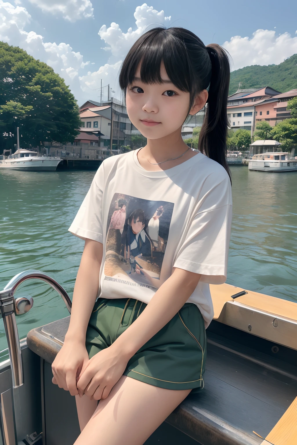 (8K、Raw photography、top-quality、masuter piece:1.2)、ultra-detailliert、ultra res、(realisitic、rialistic photo:1.37), (14yo japanese girl, Round face, Bangs, poneyTail, By Ferris boat), Solo, (Smile:0.5), Long T-shirt, shortpants