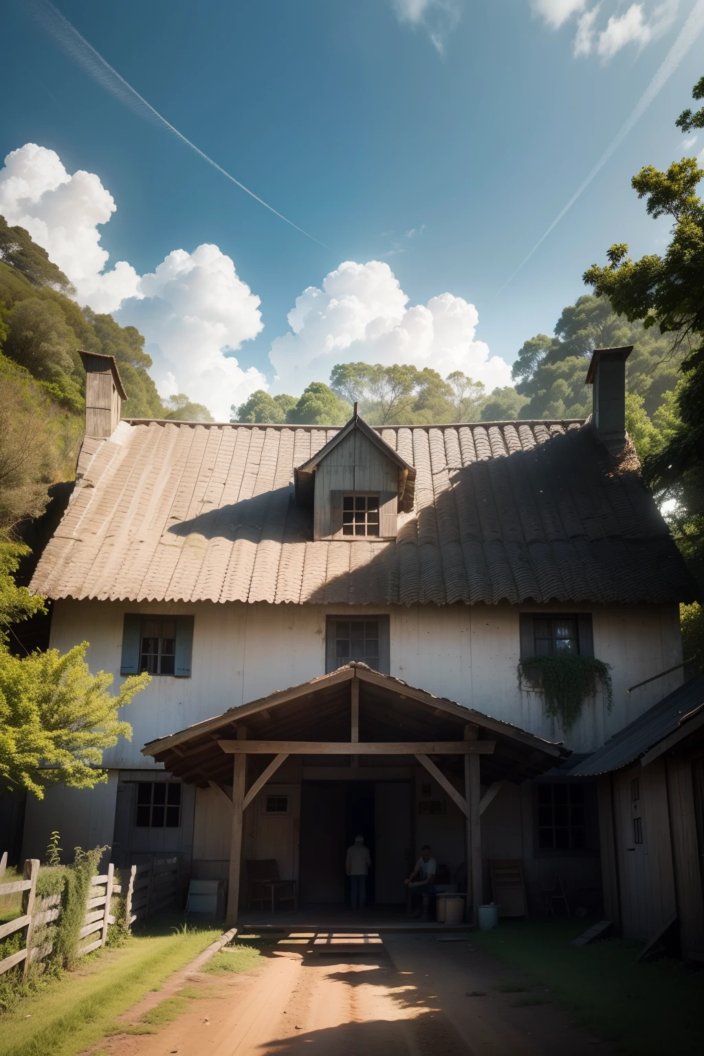 Several people gathered to enter a secluded house on the farm (Obra-prima) (8k high resolution) (Melhor Qualidade) (Ultra Definition) (Ultra Realista)(Foto RAW) (Foto realista) (bright illumination)