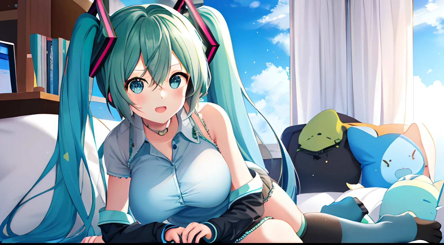 1girll,Big breasts Hatsune Miku, tmasterpiece, Best quality at best,blue backdrop,Surface painting,Sit on your knees(Play games with a gamepad),Cyan shirt,smallunderboob,Winter clothing