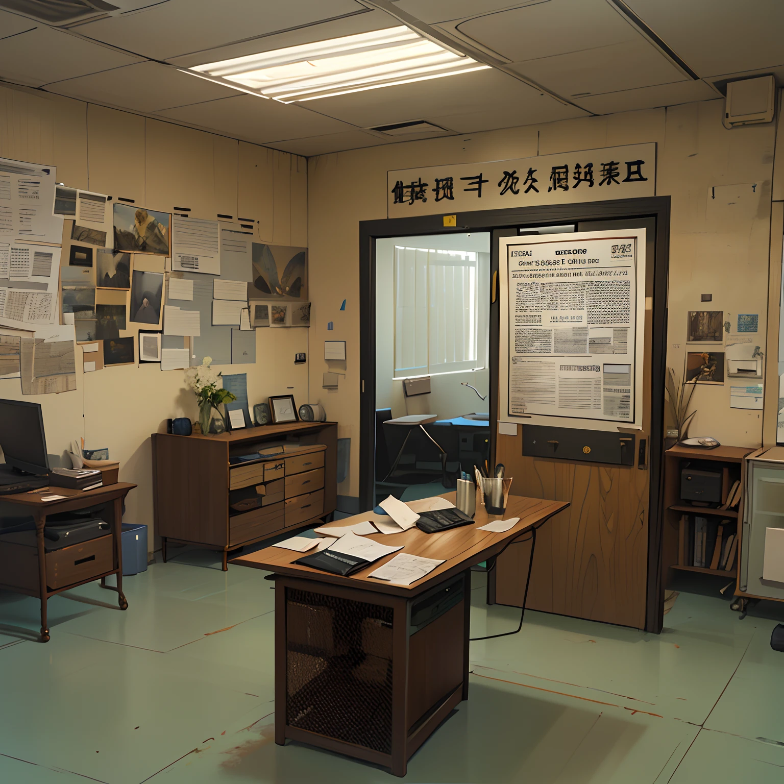 An office door hangs a sign,It says "Special Cases Agency"。The door is open,A mysterious light shines。The walls of the office are plastered with mysterious symbols and photographs,On the table lay an old computer and a thick book。A man in a black suit was standing at the table,Holding a strange instrument in his hand,Contemplatively。
