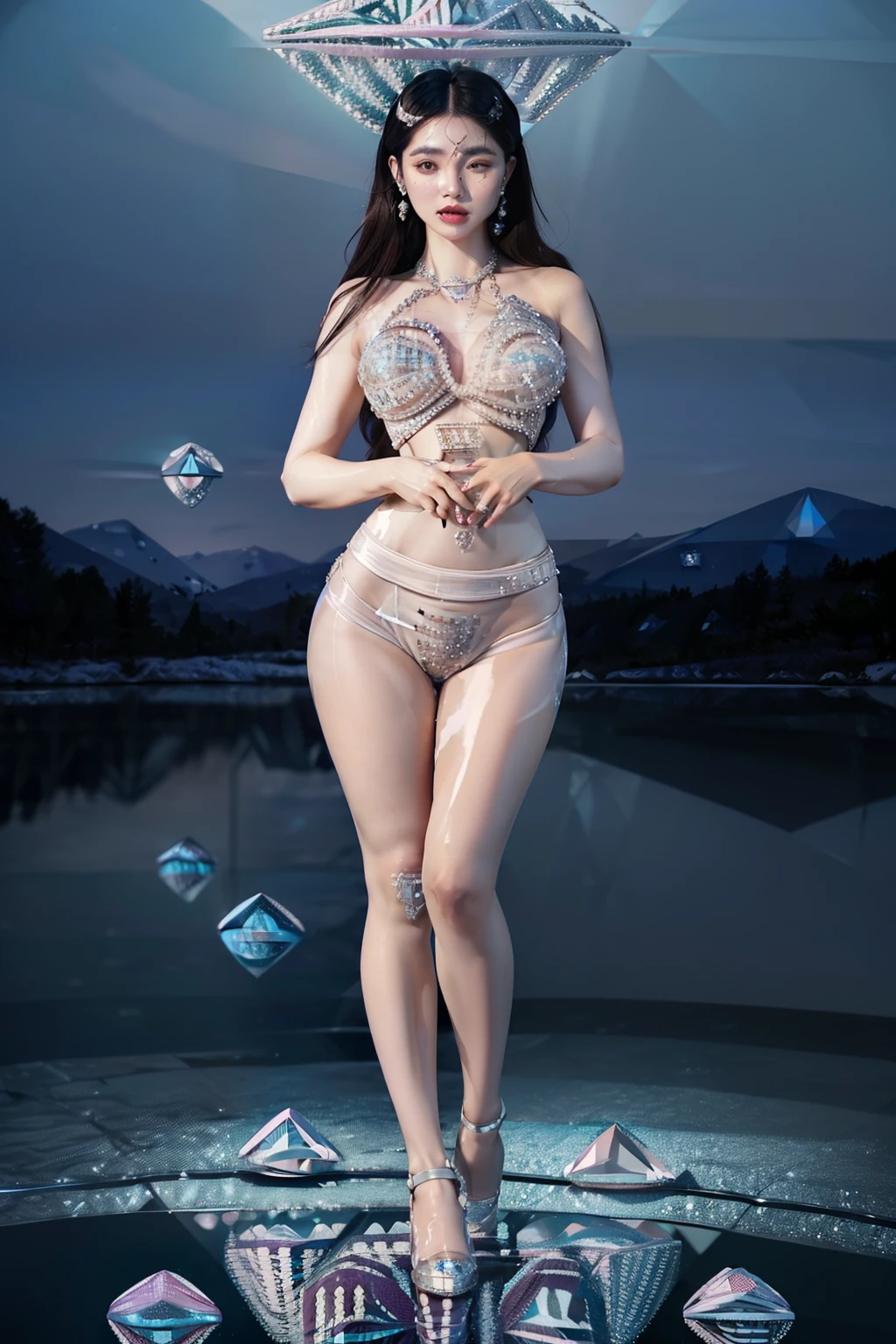Splitting characters is prohibited,(Full body shot:2), Must show your face, (anatomy correct:1.3), (Dance on top of a mountain:1.2),The breath of nature, (Skin made of diamonds:2.1),(Polished pointed toe heels:1.2),(lacepantyhose:1.5), Keep your feet off the ground,(In pink|amarelo|blue colors|green color|red colour|white colors|black in color|purpleish color|greys|Beige|Flesh-colored),Qing dynasty printed clothing, (Thick thighs:1.3), (Huge hips and chest:2), (Slim waist:1.3),(Accurate and perfect face:1.3), (gloss on the skin:2), (Greatly enhances skin reflexivity:2),(Greatly enhances skin radiance:2),A shallow laugh, Complex and diverse backgrounds,Strangling effect,hyper HD, Ray traching, reflective light,structurally correct, Award-Awarded, high detal, lightand shade contrast, Face lighting,cinmatic lighting, tmasterpiece, super detailing, high high quality, high detal, best qualityer, 16k