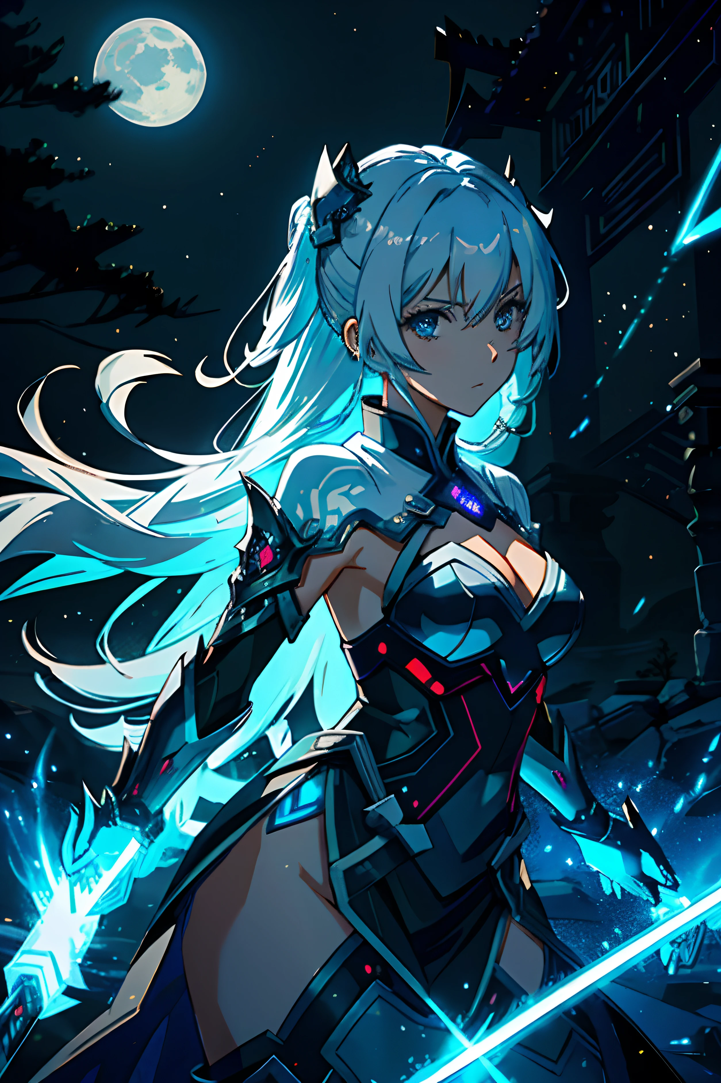 (ultra high res, best quality image, highly detailed, 4k)Of course! Here's a prompt for a cool anime character and scene:
"Create an anime character named Hikari, a skilled swordswoman with a mysterious past. She has long silver hair that glows softly in the moonlight, and her eyes change color based on her emotions. Hikari wears a combination of futuristic armor and traditional samurai clothing, adorned with intricate glowing patterns. Her weapon is a sentient blade named Tsukuyomi, which can control shadows and moonlight.
Place Hikari on a moonlit battlefield surrounded by ancient ruins. The ruins are adorned with luminescent symbols that emit a soft, ethereal light. The moon hangs low in the sky, casting an otherworldly glow over the scene. As Hikari engages in combat, the shadows and moonlight intertwine, creating stunning visual effects that illuminate her every move. The clash of her blade against her enemies' weapons sends sparks of light dancing through the air."