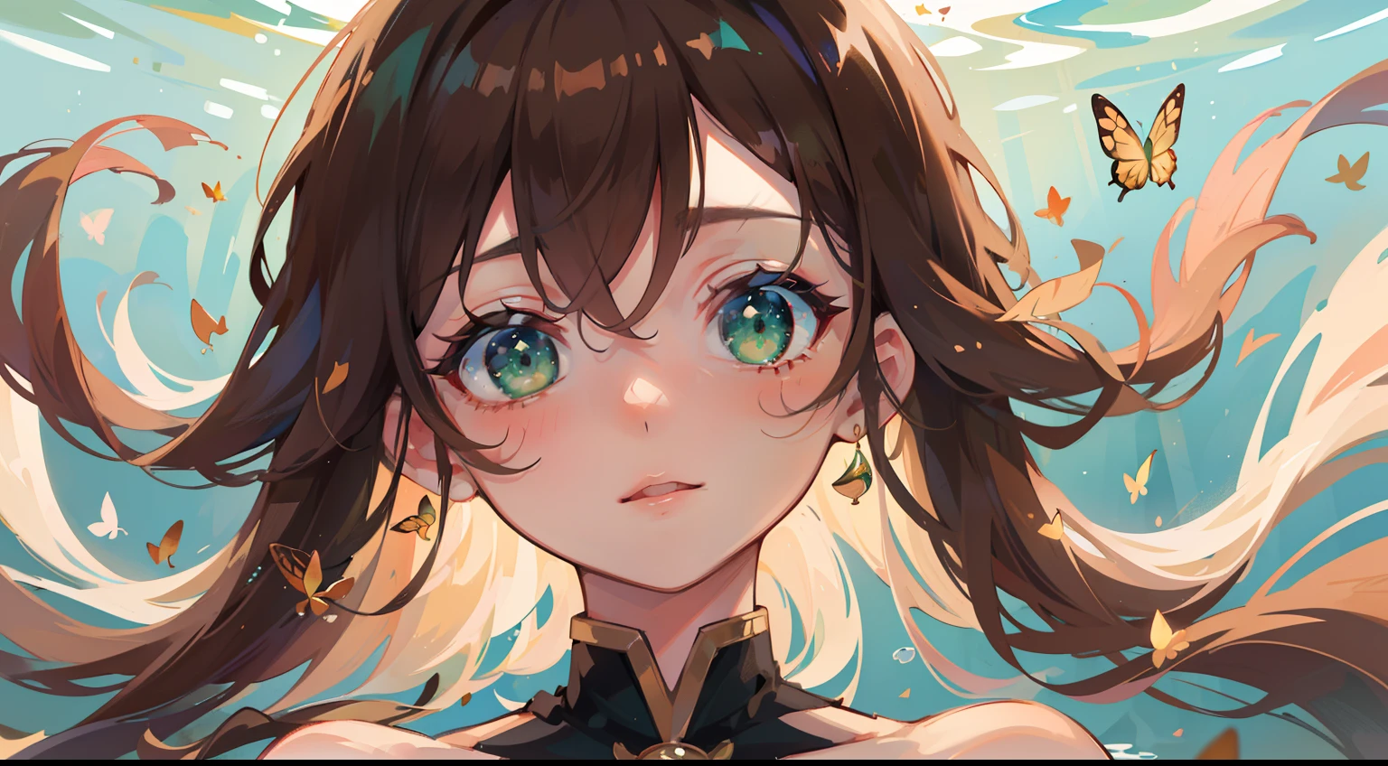 (masterpiece), best quality, beautiful detailed hair detailed face, ultra high res, sharp focus, ((1 woman, solo)), perfect feminine face, upper body, medium close-up, MCU, ((beautiful almond shape eyes, green eyes)), (dressless:1.3), under water, water, butterflies, looking at the viewer, surprised face, chesnut brown hair, floating long hair