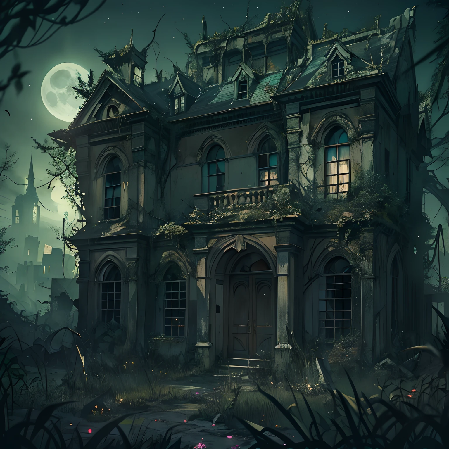 An old and abandoned mansion standing on a desolate land in the southern suburbs of the city, surrounded by a sinister and terrifying atmosphere, cobwebs covering the walls, broken windows, overgrown weeds in front of the door. Moonlight shining through the windows, casting a mysterious and eerie ambiance.,in the style of the stars art group xing xing, 32k, best quality, masterpiece, super detail, high details ,