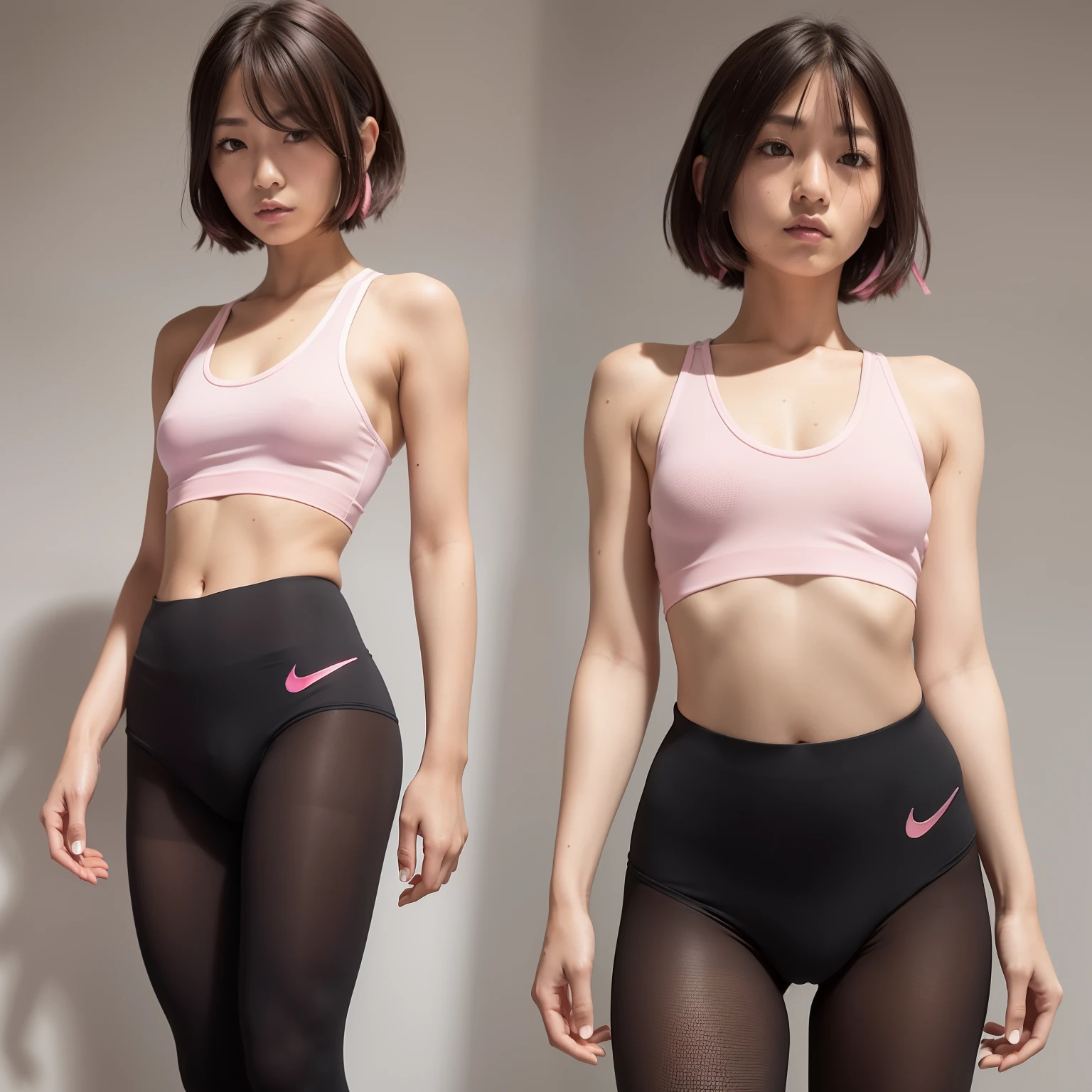 (Solo), (a detailed full-body RAW photo of a girl), (masutepiece:1.0), (Best Quality:1.4), (超A high resolution:1.2), (Photorealistic:1.4), 8K resolution, Canon EOS R5, 50 millimeters, absurderes, ultra-detailliert, (40yo), back focus, Cinematic lighting, Detailed beautiful face, (no-makeup:1.2), (ulzzang -6500-v1.1), petite figure, Detailed skin texture, (flat chest:1.4), (skinny and fit body:1.6), Detailed brown hair,  sweltering,(Very short hair:1.5), See Through wear, (pink black Nike Wet Thin Competition Athletic Wear sports tights:1.5), More transparent, low rise, realistic glistening skin, Detailed texture, (erect nipples:1.5), stylish pose, (:0.2), Very small, (masami nagasawa:0.6), Cameltoe, well-developed abs, bikini tan,