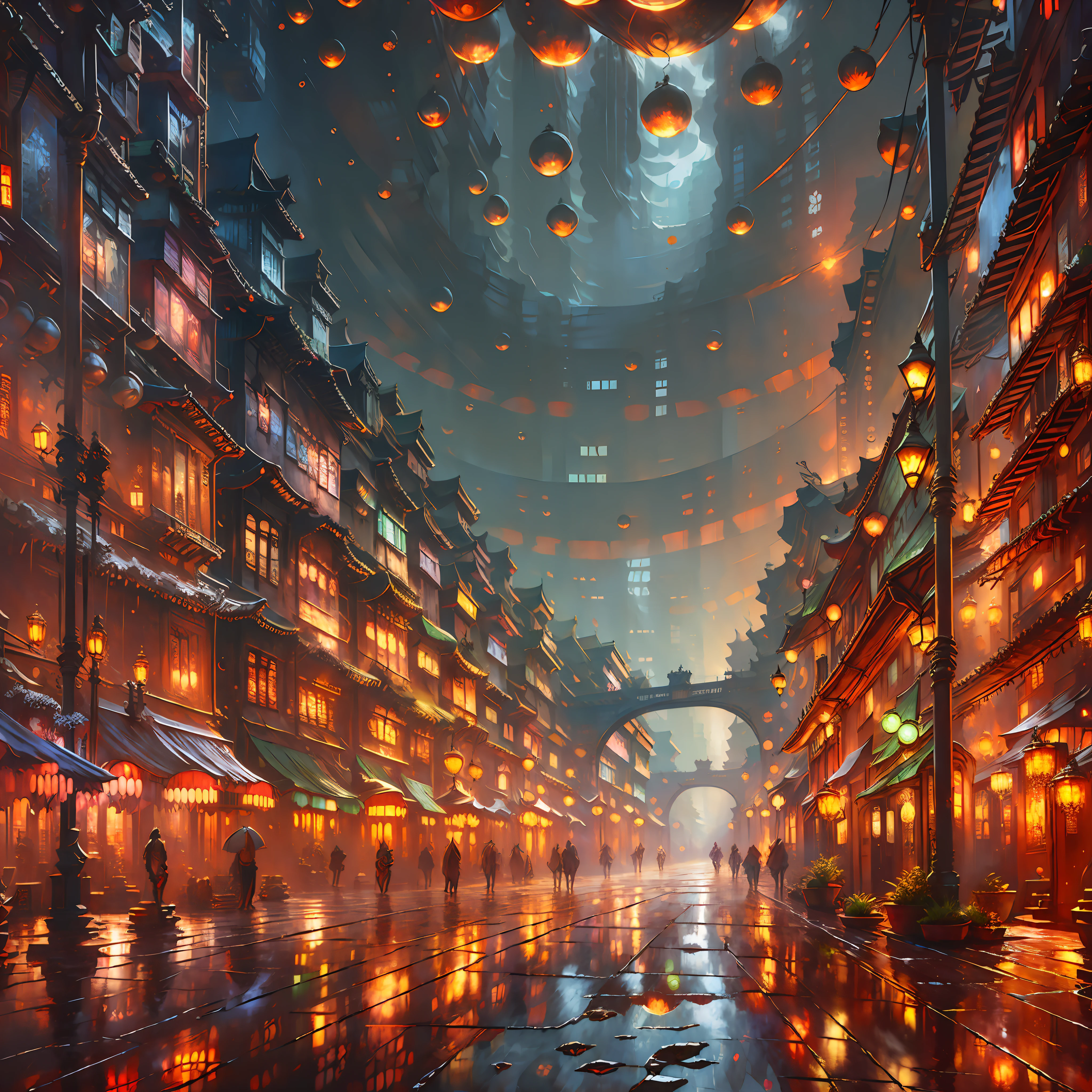 ((masterpiece)),((best quality)),((high detial)),((realistic,)) Industrial age city, deep canyons in the middle, architectural streets, bazaars, Bridges, rainy days, steampunk, European architecture