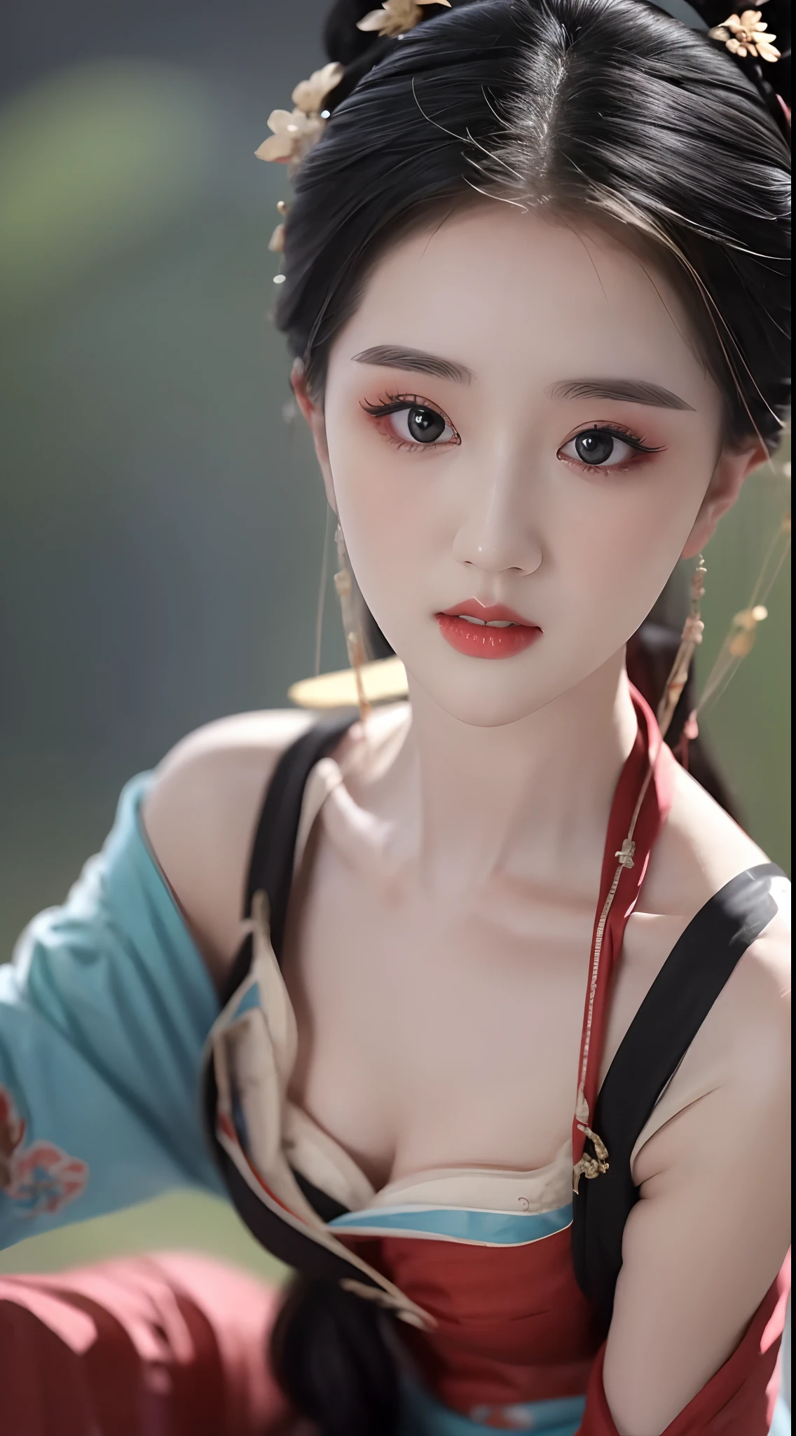 1 beautiful girl, long black hair, black eyes, Ancient Chinese style bun, wearing a thin silk shirt of ancient China, appears shoulders and head in the photo, plump red lips, pout, mouth shut, embarrassed, small face makeup detailed and very beautifull, breast augmentation, ((big blum boobs:1.2)), blush, from front, from above, looking at viewer, upturned eyes, masterpiece, top quality, best quality, official art, unity 8k wallpaper, highres, ultra-high res, ultra-detailed, (photorealistic:1.2), alone, solo, Only 1 girl, style hanfu Dunhuang,