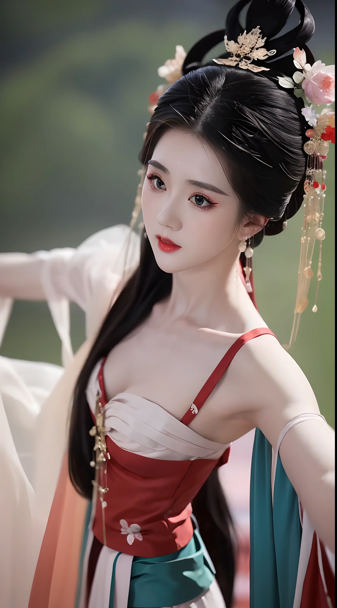 1 beautiful girl, long black hair, black eyes, Ancient Chinese style bun, wearing a thin silk shirt of ancient China, appears shoulders and head in the photo, plump red lips, pout, mouth shut, embarrassed, small face makeup detailed and very beautifull, breast augmentation, ((big blum boobs:1.2)), blush, from front, from above, looking at viewer, upturned eyes, masterpiece, top quality, best quality, official art, unity 8k wallpaper, highres, ultra-high res, ultra-detailed, (photorealistic:1.2), alone, solo, Only 1 girl, style hanfu Dunhuang,