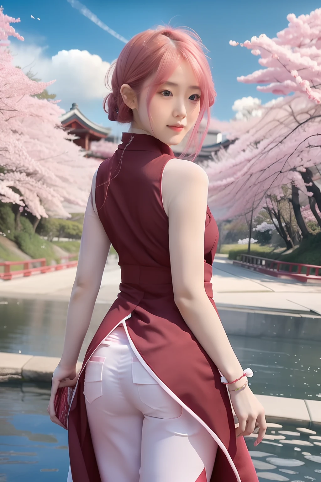 Sakura uchiha. A woman standing at the cherry blossom garden. He looked back. He wore a maroon kimono. And wear tight white pants. Her hair was short pink. She had bracelets on her hands. Her skin was white and her cheeks were rosy red. She looks so beautiful and realistic