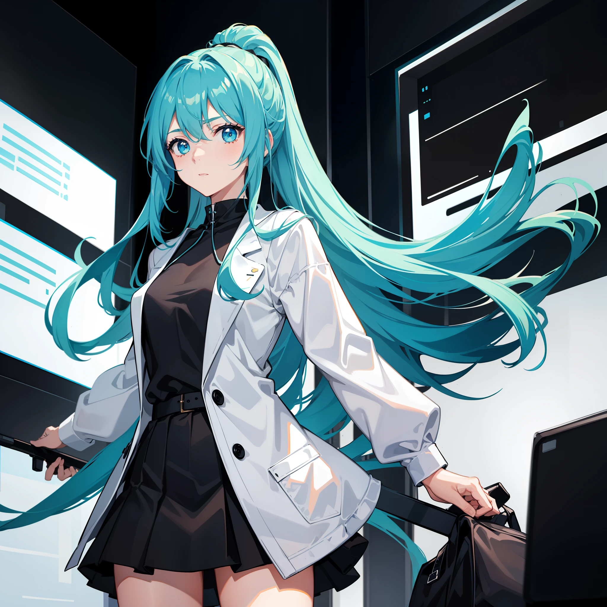 Masterpiece, Best quality, A high resolution, A girl wears a long ponytail,cyanhair,cyan eyes,Wearing a black vest,White coat,black short skirt