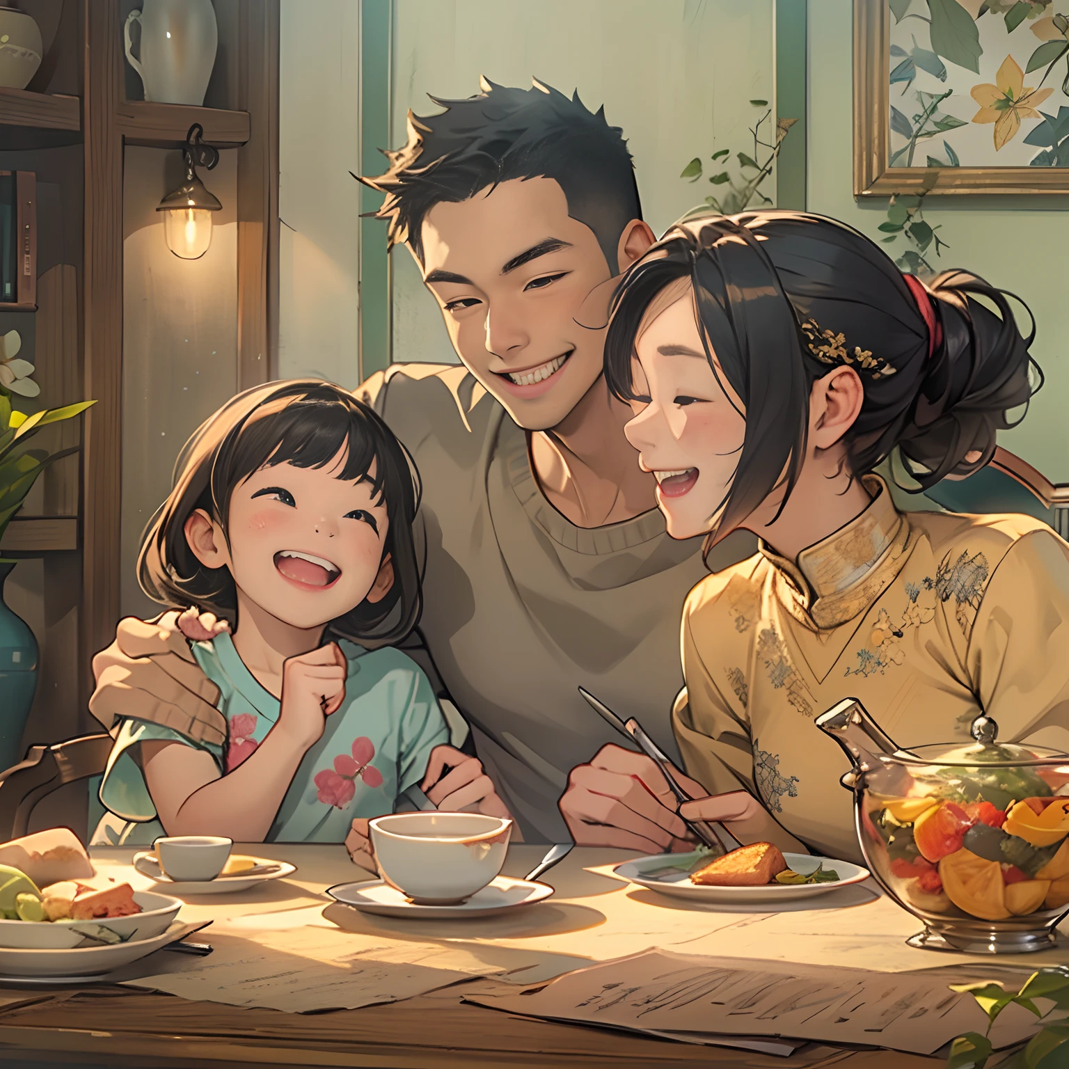 The family of three sat happily around a table，Their smiles reveal happiness and contentment。