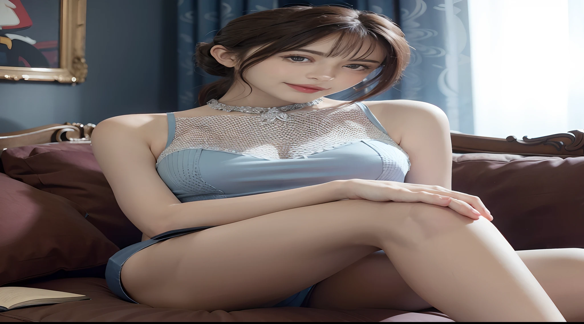 masterpiece, best quality,portrait of 1girl, Sitting on a cozy sofa,cross one's legs,