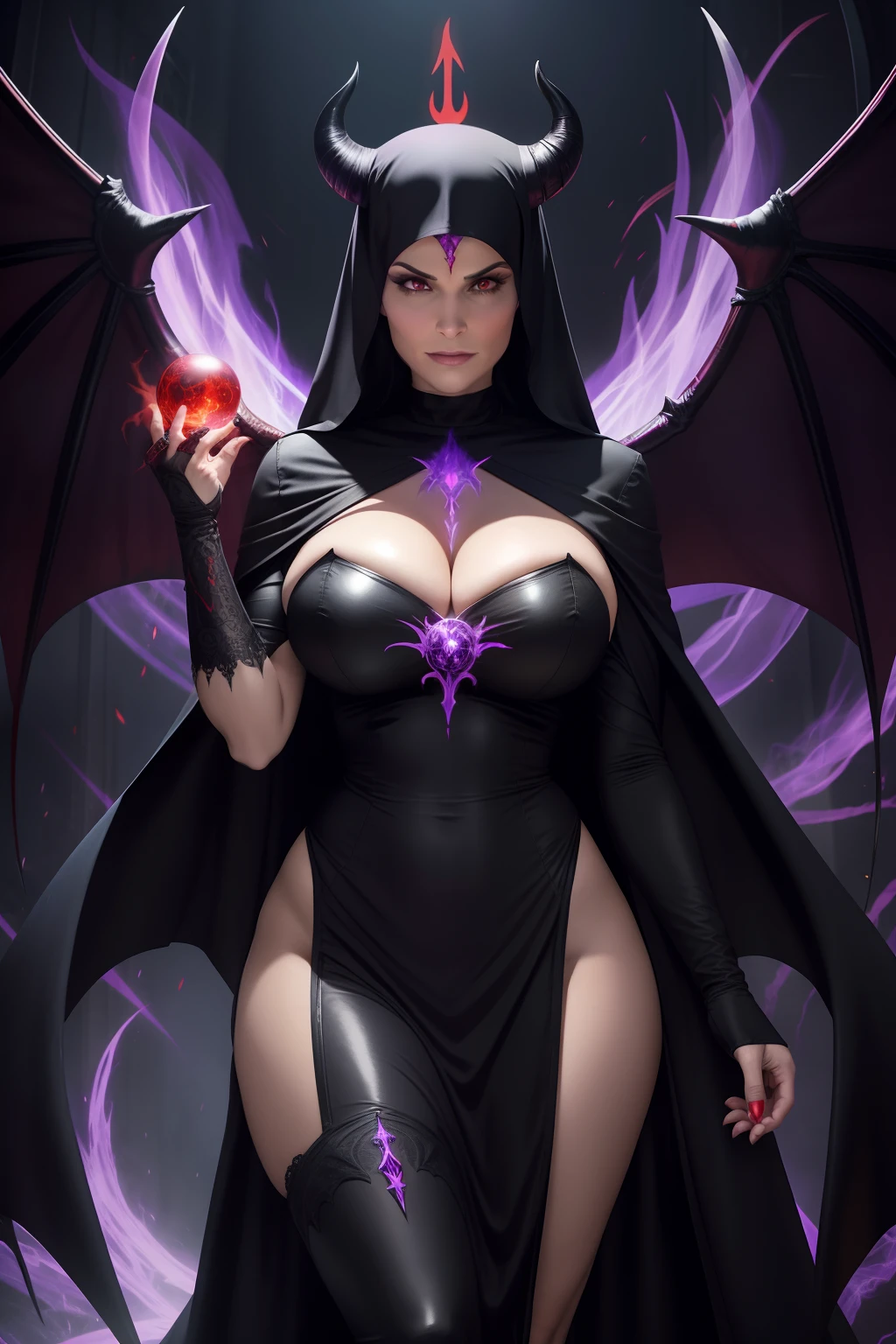 Lisa Ann : The evil nun, Demon horn on the head, Demon wings in the back , an evil red glow emanating from her, His hands preparing a sphere of purple energy, diabolique, insidieux, Context of the Satanic Church