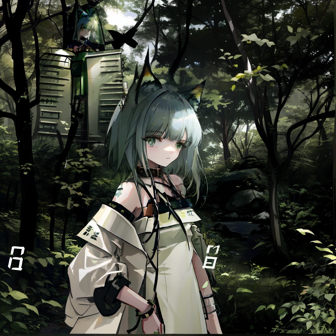 There was a man standing in the woods，album covers,1girl, animal_ears, kal'tsit_\(arknights\), collar, solo, green_eyes, bare_shoulders, silver_hair, looking_at_viewer, green_dress, dress,  white_jacket, full body, boots,