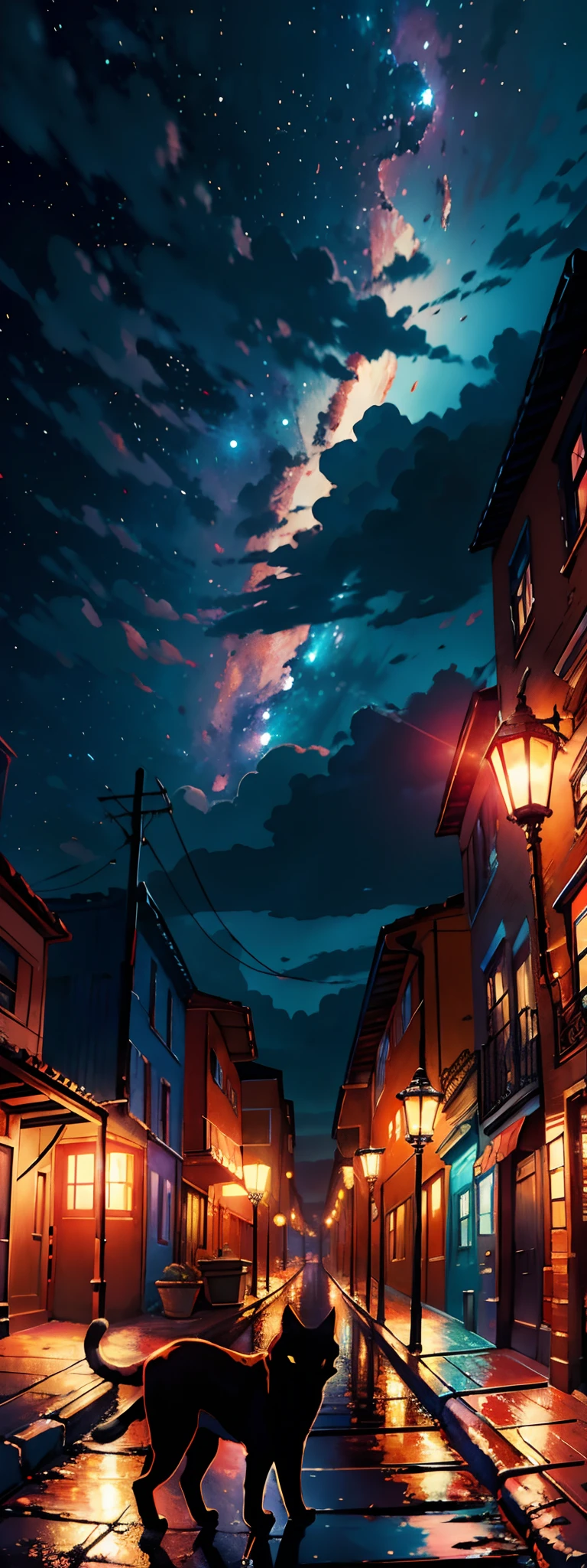 expansive urban photograph , (a view from below that shows sky above a city street below), a cat standing in a street, (full moon:1.2), ( shooting stars:0.9), (nebula:1.3), distant skyscrapers, trees BREAK production art, (warm light source:1.2), (Firefly:1.2), a lot of red and orange, turquoise sky, clouds, intricate details, volumetric lighting BREAK (masterpiece:1.2), (best quality), 4k, ultra-detailed, (dynamic composition:1.4), highly detailed, colorful details,( iridescent colors:1.2), (glowing lighting, atmospheric lighting), dreamy, magical, (solo:1.2