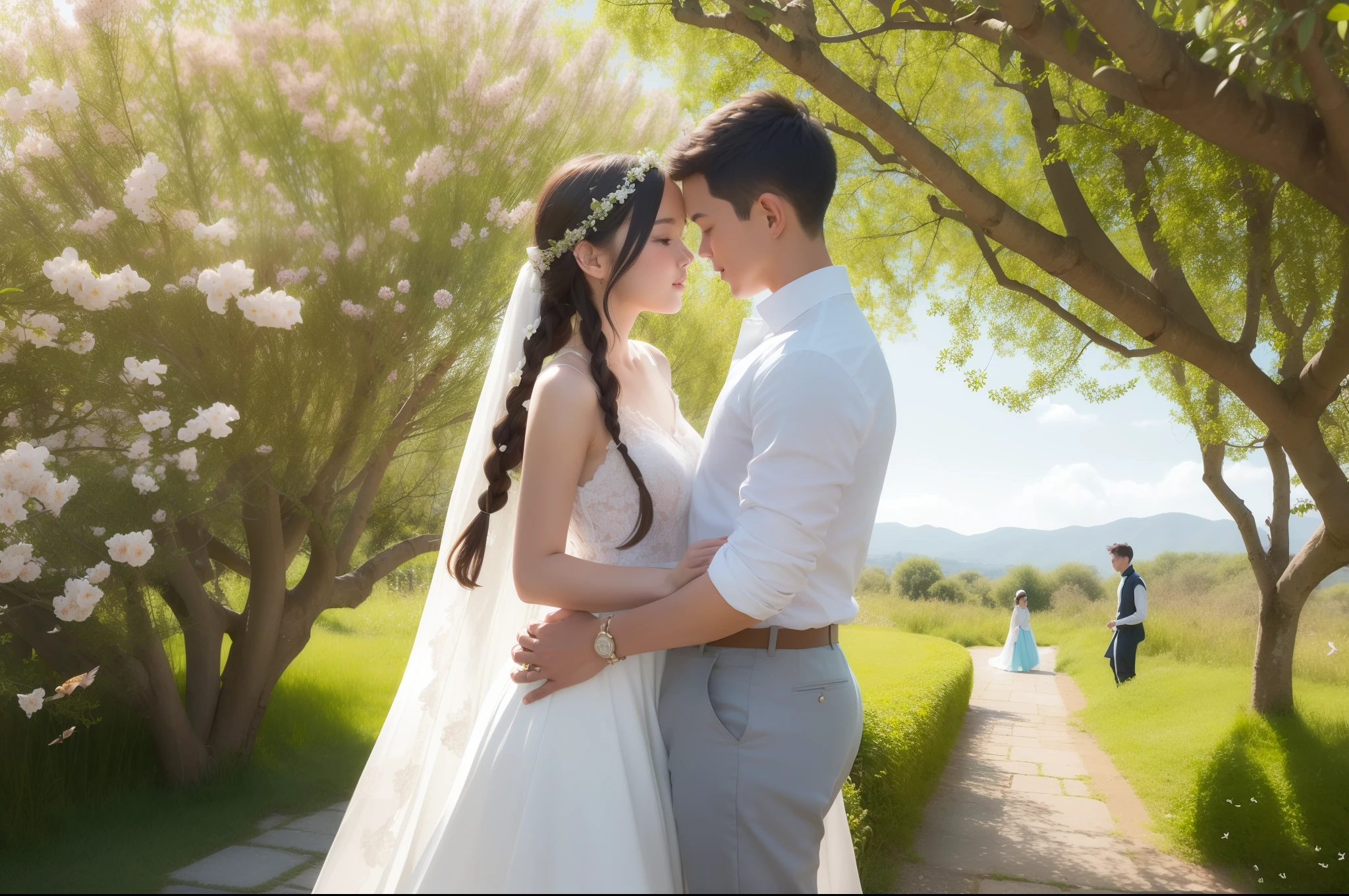 Morning of a sunny day of Spring in a flowery garden, with birds and insects.
Under a whitethorn bush a couple of boy and girl leaning to each other, both dressing white conservative clothes. The girl has long dark braids and wears a floral tiara, the boy's hair is messy and shoulders long. Illuminated by natural light
