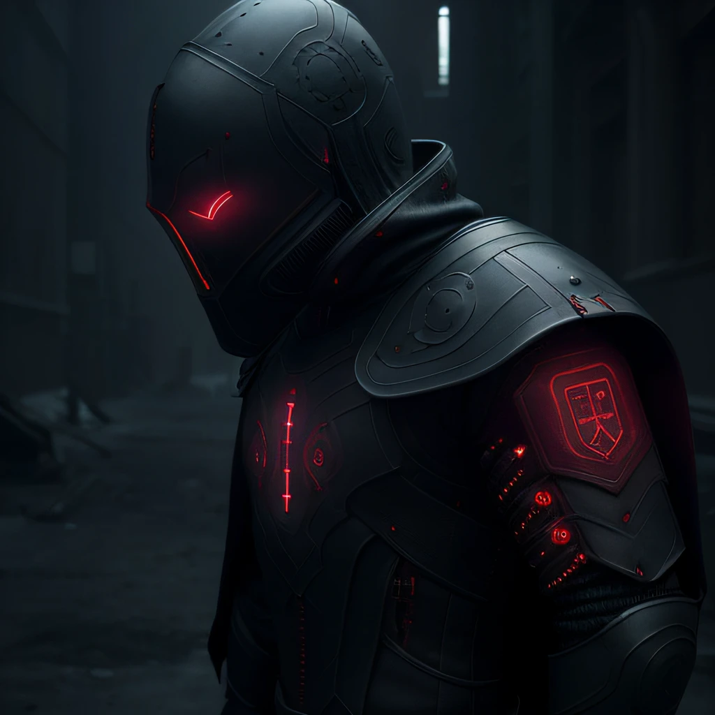 dark armor, small rebreather, red glowing eyes, dark, black carved rune armor ((realistic)), dark blue cloak, cyberpunk, cool, futuristic, stealth, side view, night time, background