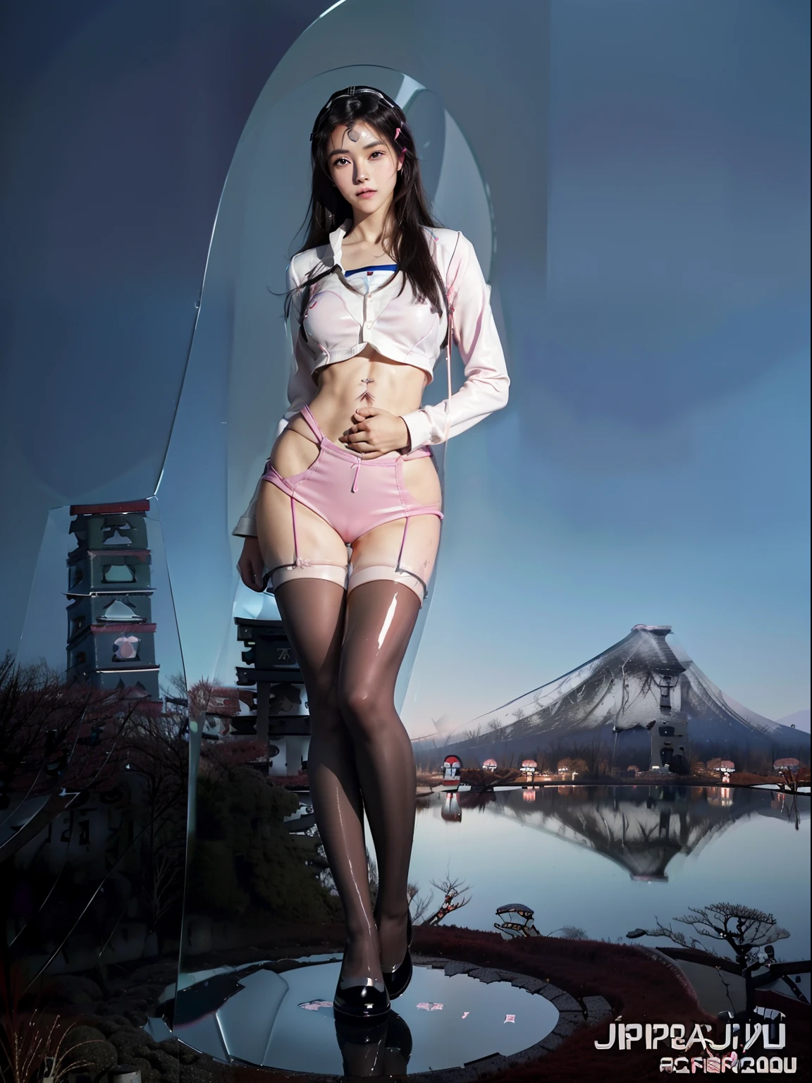 Splitting characters is prohibited，(Full body shot:2), Must show your face, (anatomy correct:1.3), (Dance on top of a mountain:1.2)，The breath of nature， (Japan JK Student Uniform:2.1)，(Polished pointed toe heels:1.2),（lacepantyhose：1.5）， Keep your feet off the ground，（In pink|amarelo|blue colors|green color|red colour|white colors|black in color|purpleish color|greys|Beige|Flesh-colored）， (Thick thighs:1.3)， (Huge hips and chest:2)， (Slim waist:1.3)，(Accurate and perfect face:1.3)， (gloss on the skin:2), (Greatly enhances skin reflexivity:2)，(Greatly enhances skin radiance:2)，A shallow laugh, Complex and diverse backgrounds，Strangling effect,hyper HD, Ray traching, reflective light，structurally correct, Award-Awarded, high detal, lightand shade contrast, Face lighting，cinmatic lighting, tmasterpiece, super detailing, high high quality, high detal, best qualityer, 16k