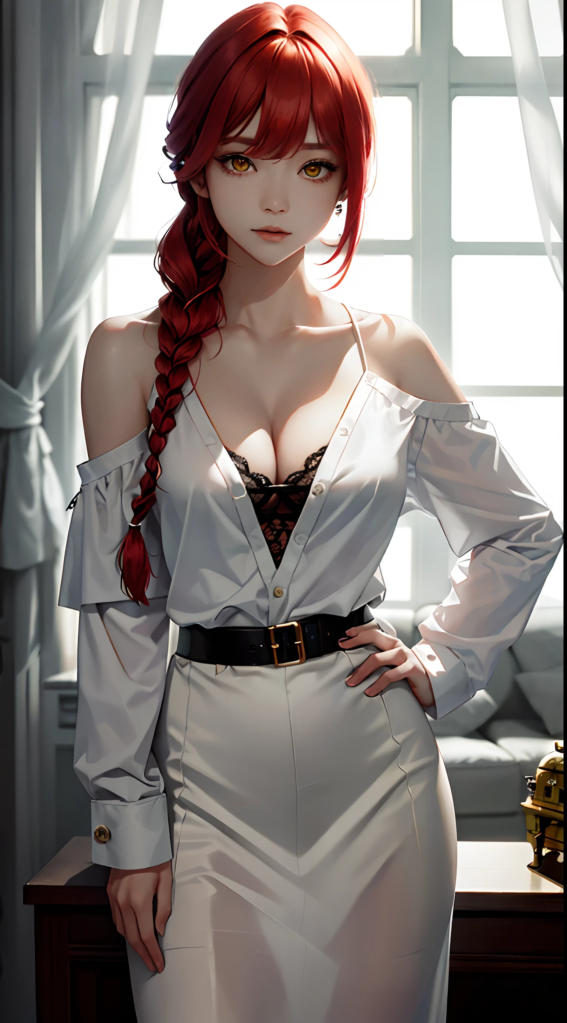 tmasterpiece,(真实感:1.1),best qualtiy,(cleavage:1.3),beautiful light up,(Ulzzang-6500:0.5),makima \(chainsawman\),(red hair)+(long braid)+(By bangs),Yellow eyes,Golden eyes, ((eye socket)), (white shirt), (tiese), RAW photos, 8K UHD, filmgrain,Light,upperbody closeup,sportrait,both hands on hip,鎖骨,Off-the-shoulder attire
