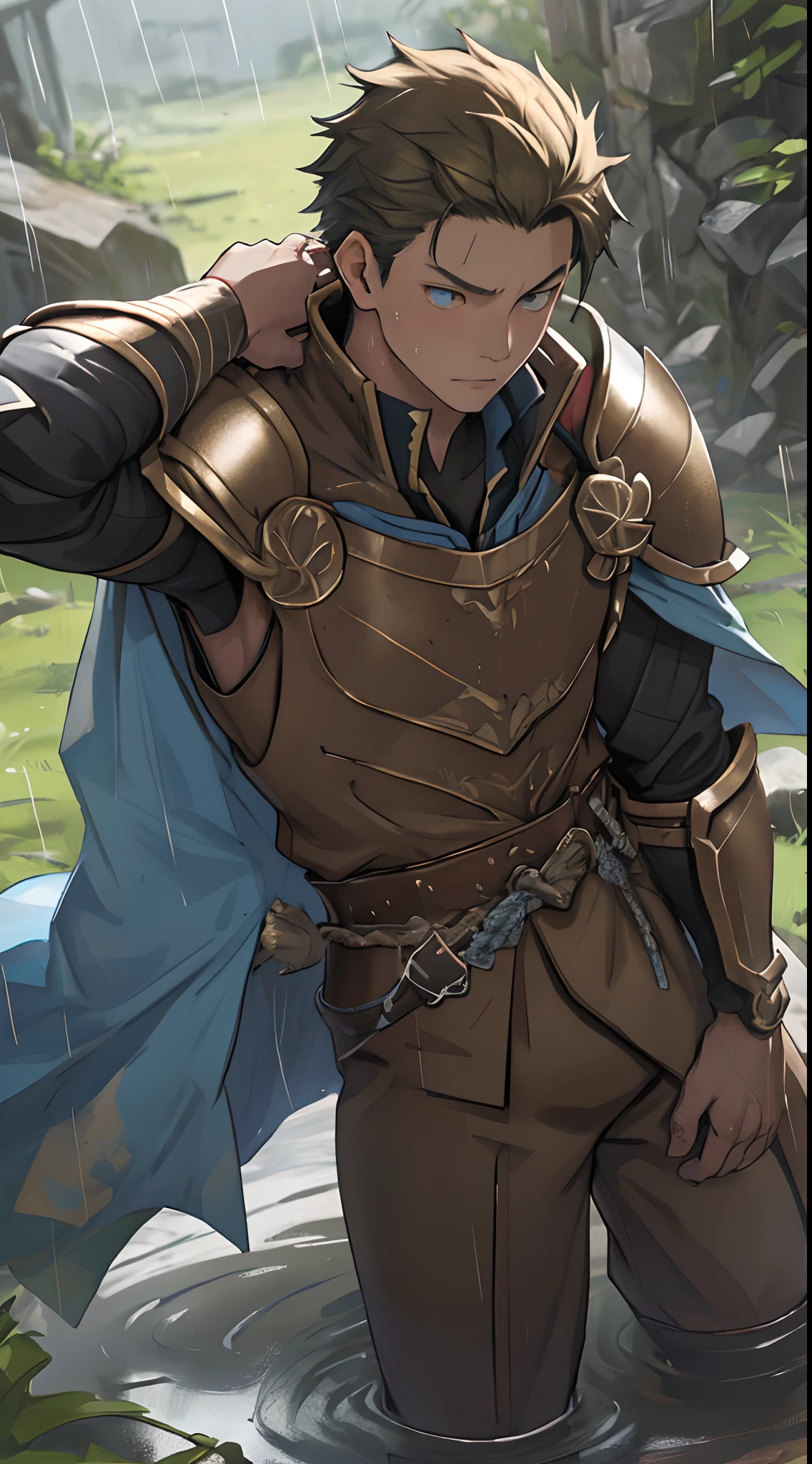 （1 Adult male），Hector Fey，solo person，独奏，A high resolution， Sharp focus， Pixiv masterpiece， （（Complicated details））， highly  detailed， natsuki_subaru，Handsome，Lying in the mud， Lazy，full bodyesbian， blue color eyes（eyes glowing）， Short yellow hair，Cloak，Armour，Shoulder armor，perspire，rain，Drenched，Sweaty crotch，look from down