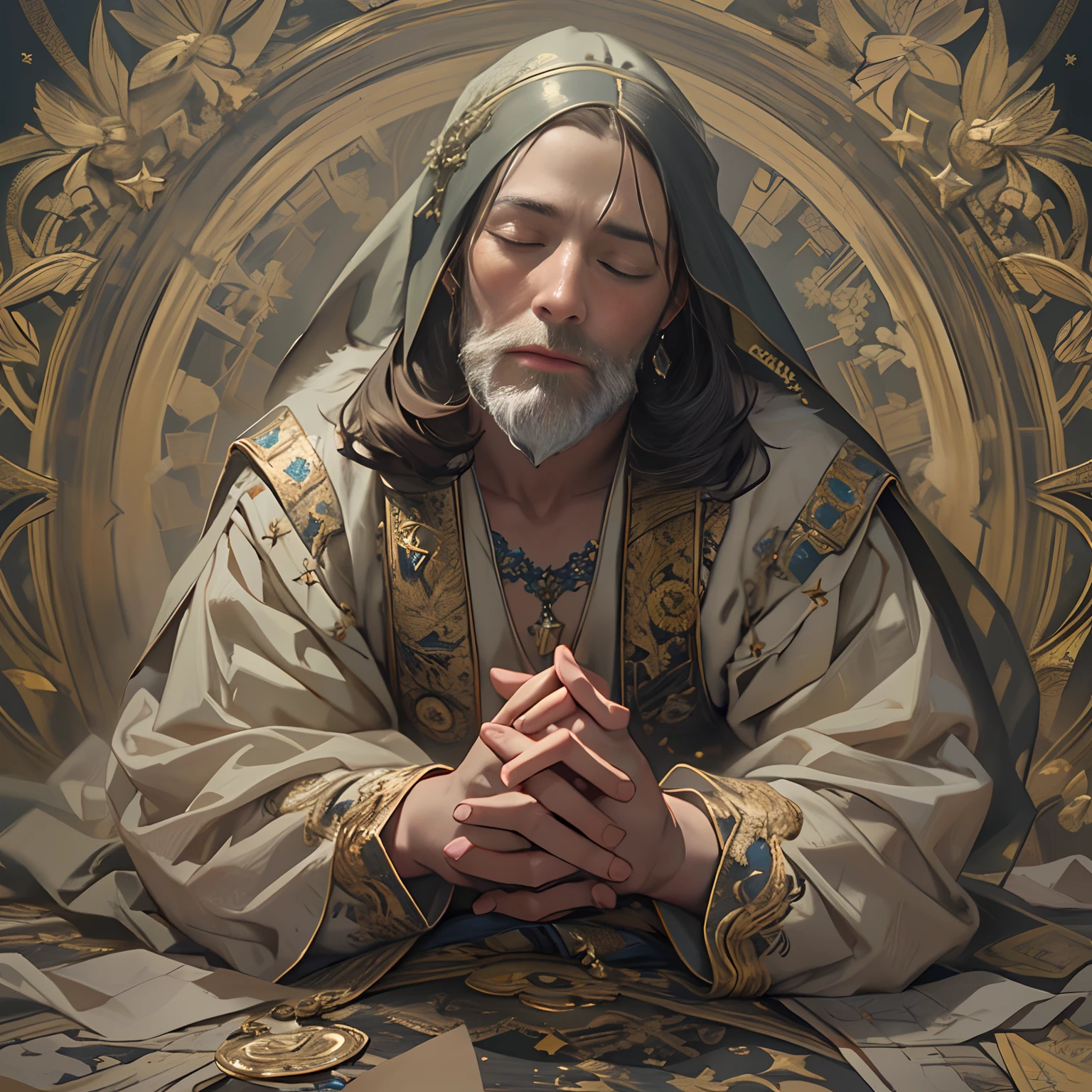 A deceased person lying on the ground, hands crossed over the chest, eyes tightly shut in a prayer-like posture. This artwork is created by the Star Art Group in their signature style, with a resolution of 32k for optimal quality. It showcases an exceptional level of precision and exquisite beauty in its masterful depiction of intricate details.