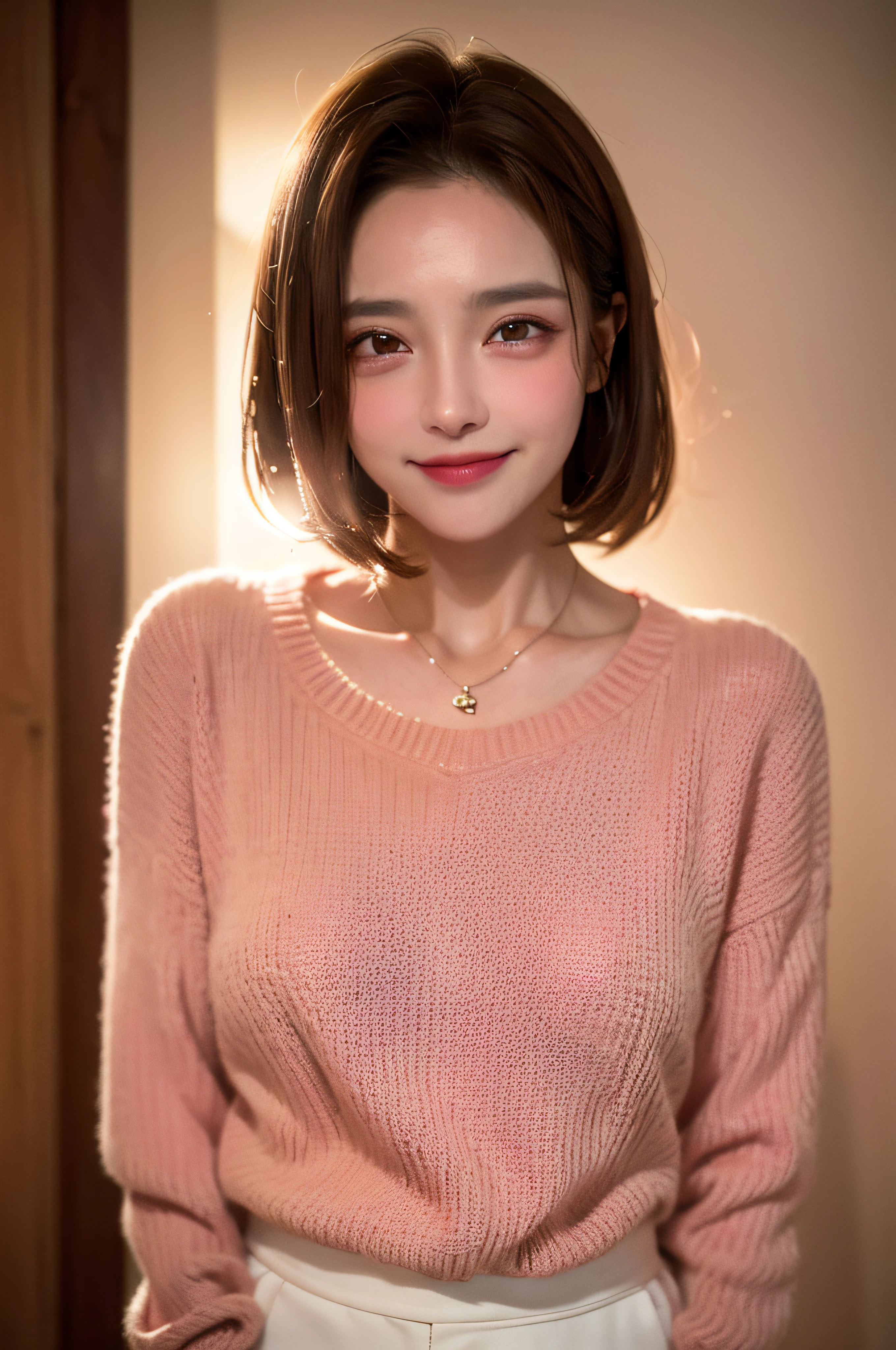 ((Night, Realistic Light, Best Quality, 8K, Masterpiece: 1.3)), 1girl, Slim Beauty: 1.4, Abs: 1.1, (Brown hair, Medium breasts: 1.3), Long pink sweater: 1.1, Bathroom, Super fine face, Delicate eyes, Double eyelids, smile, necklace