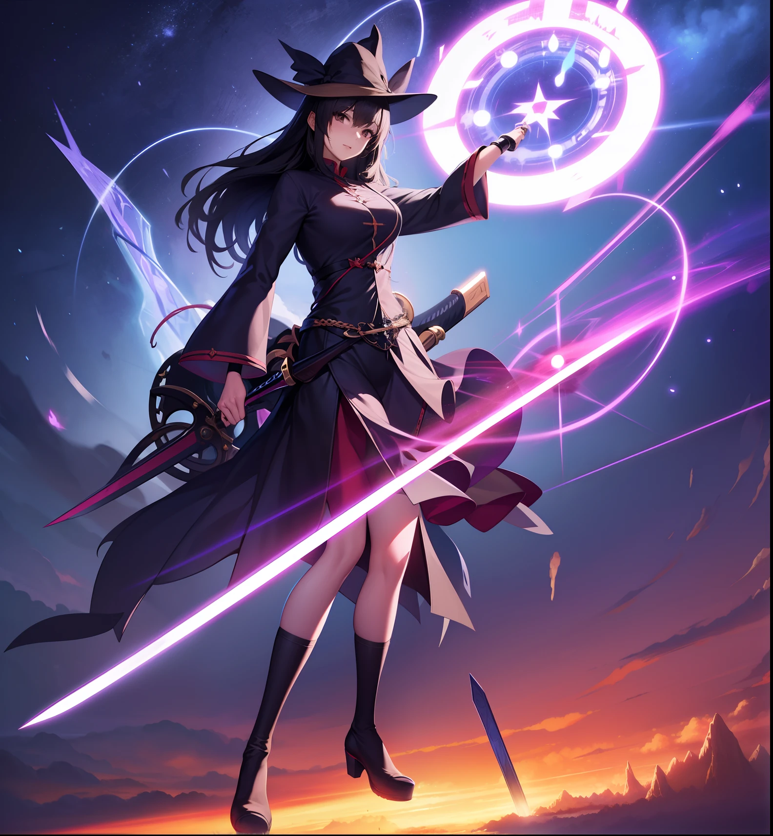 anime girl with a hat and a sword in her hand, black - haired mage, mechanized witch girl, from touhou, 2 d anime style, touhou character, pixiv contest winner, pixiv style, witch girl, /!\ the sorceress, zerochan art, 2 d anime, anime styled digital art, human :: sorceress