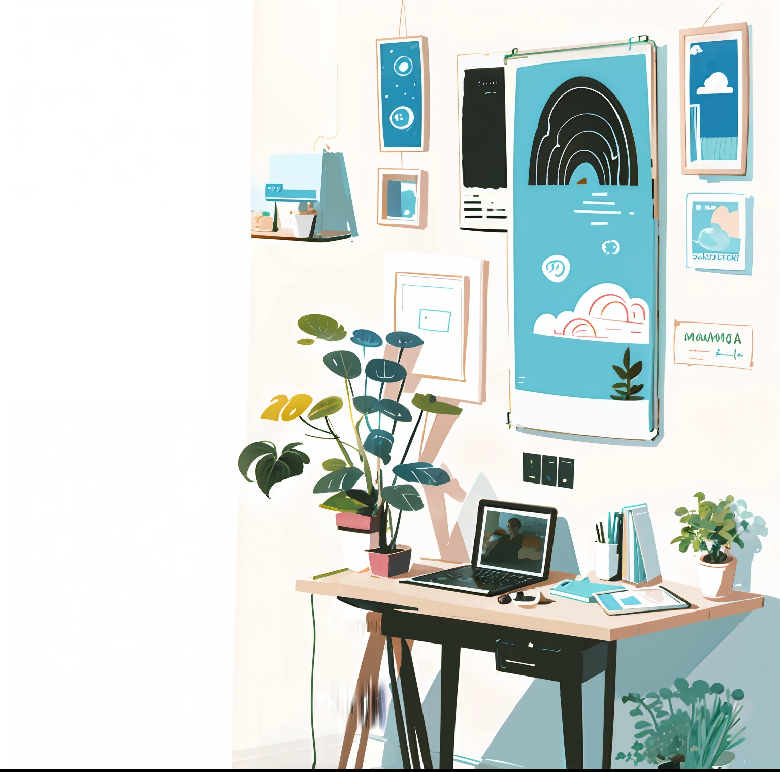 There is a table，There is a laptop and a plant on it, in style of digital illustration, Flat illustration, digital 2d illustration, Stylized digital illustration, corner office background, picture of a loft in morning, 2 d illustration, 2D illustration, inspired by Emiliano Ponzi, interior background art, 数字插图 -, 2d digital illustration, office backdrop