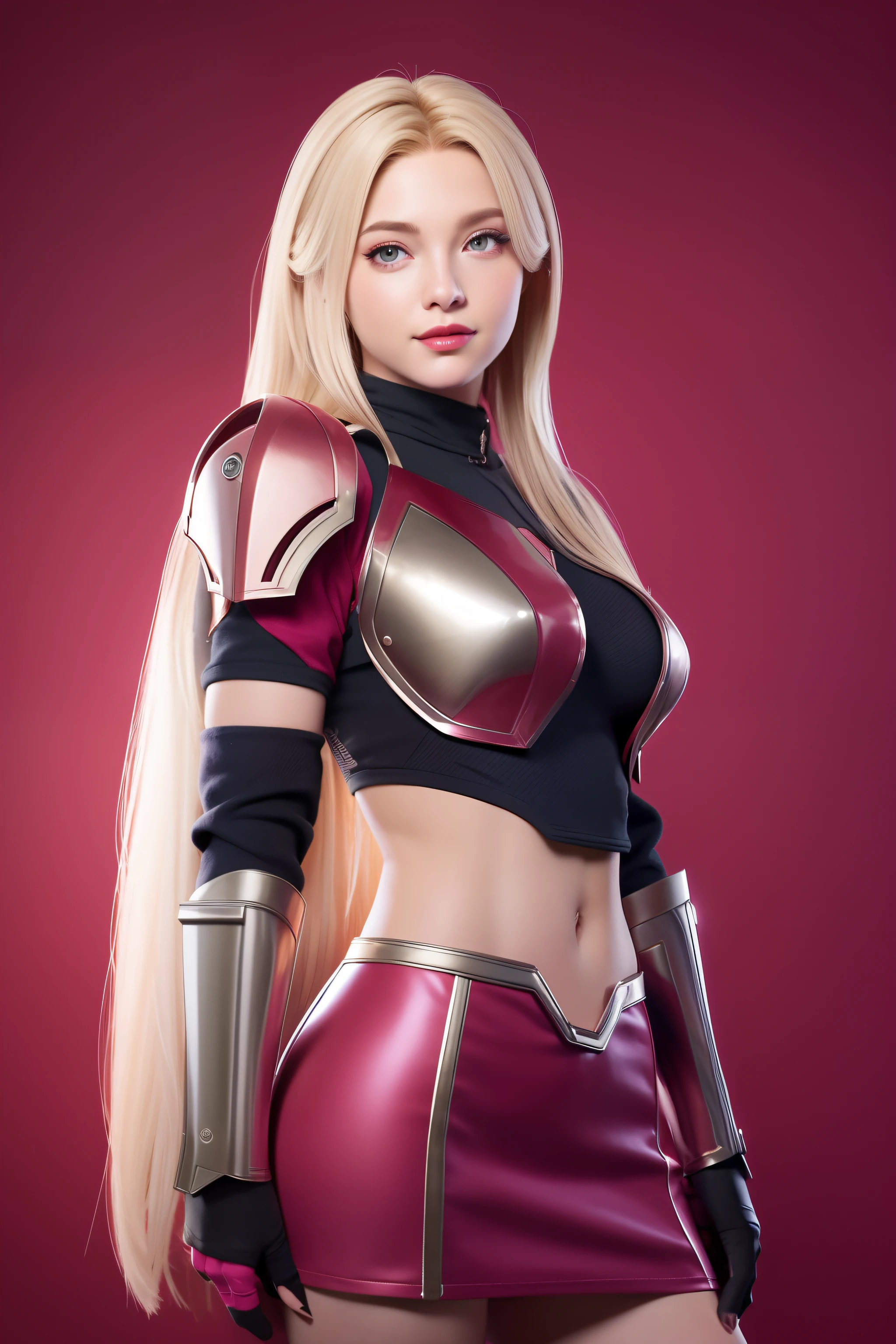 Beautiful Face Woman、a blond、pink back ground、 Beautuful Women、18year old、prety woman、hyper realistic photography、High-definition photos、red lipsticks、Mandalorian Style Metal Armor Skirt Suit、The skin is not very exposed、Do not cut your head off the screen、a miniskirt